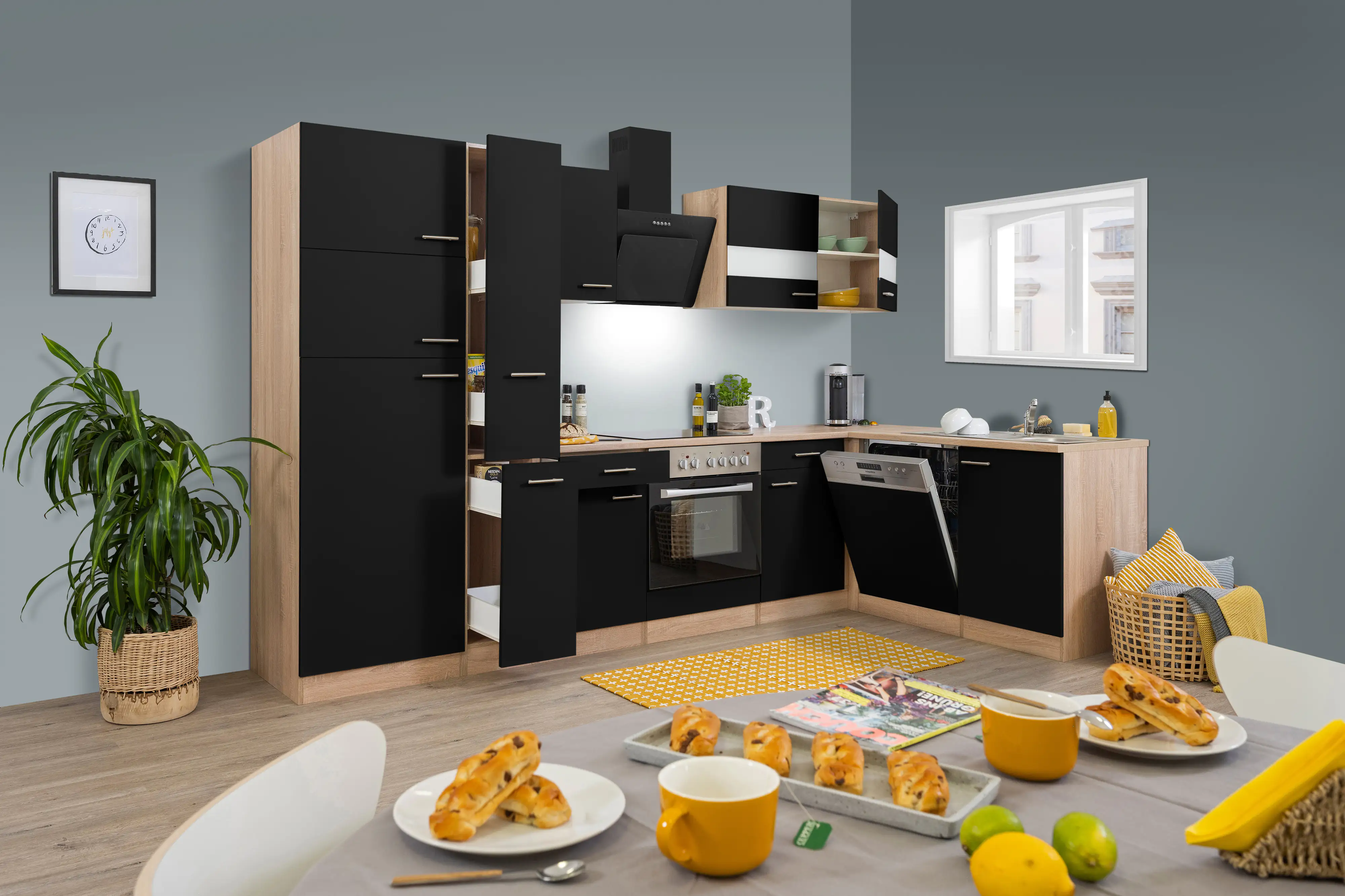 Respekta Economy L-Küchenzeile 310 x 172 cm schwarz Eiche Sonoma