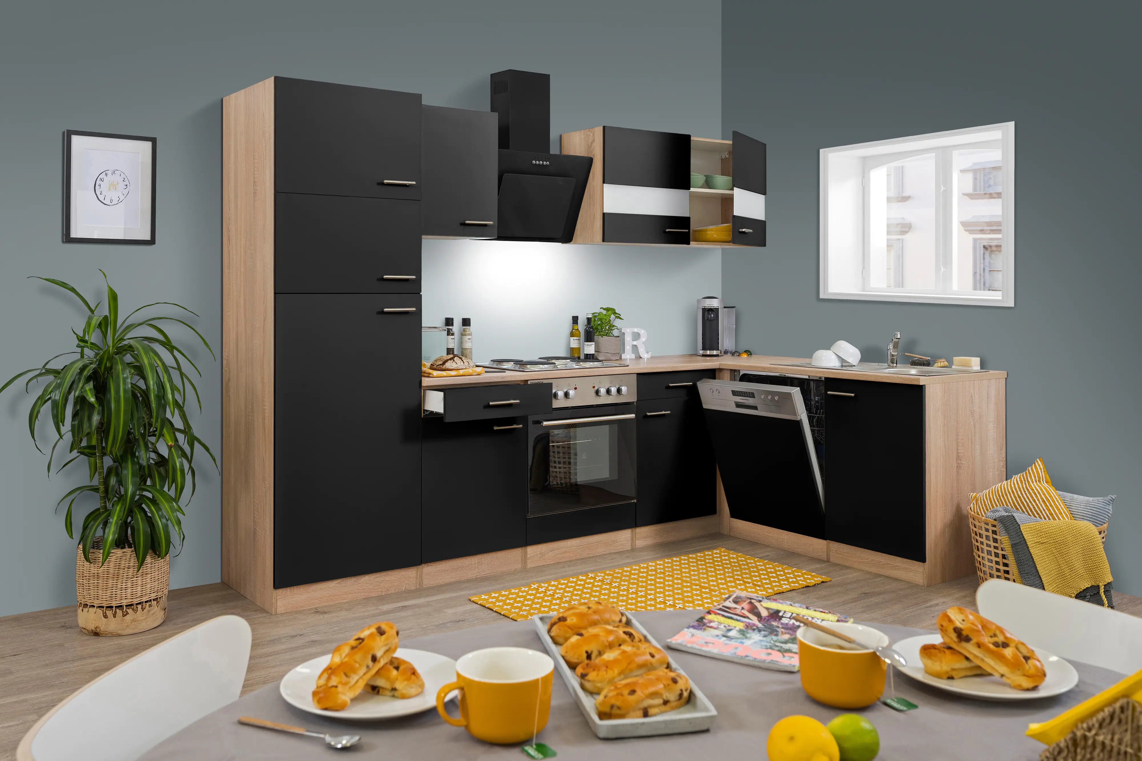 Respekta Economy L-Küchenzeile 280 x 172 cm schwarzEiche SonomaKBL280ESSS