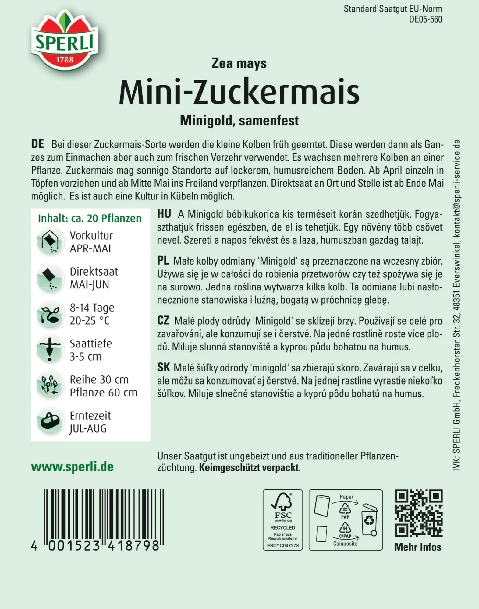 Sperli Mini-Zuckermais Minigold