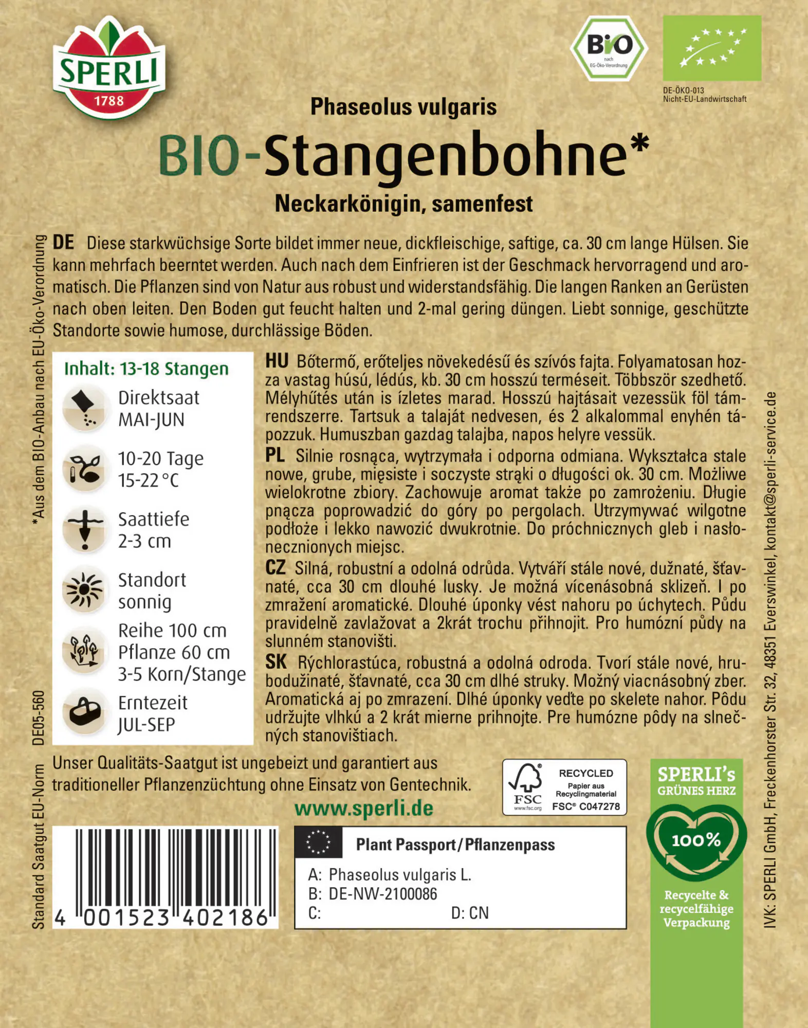 Sperli Saatgut BIO Stangenbohnen für ca. 13-18 Stangen