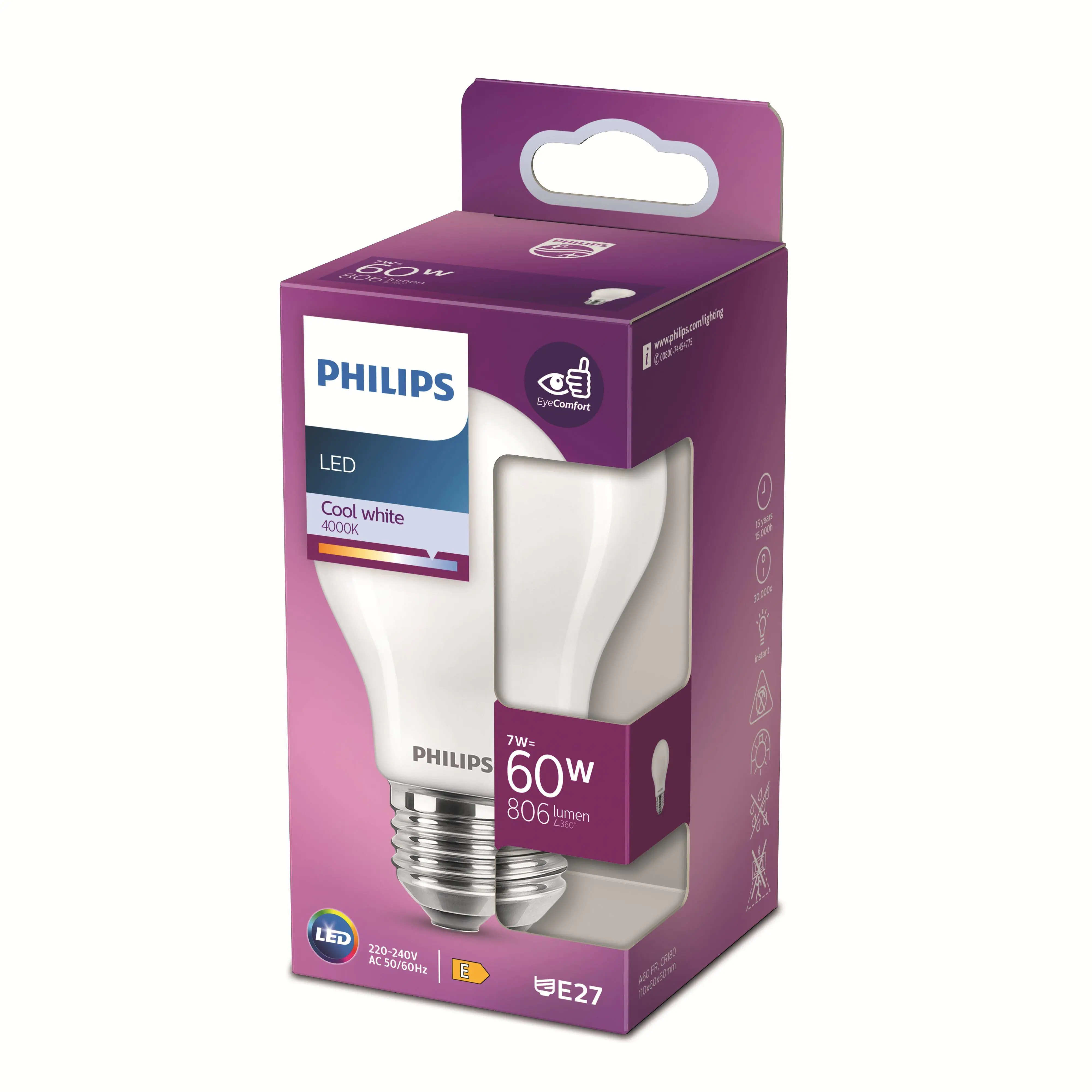 Philips LED-Leuchtmittel Birnenform A60 E27 7W neutralweiß