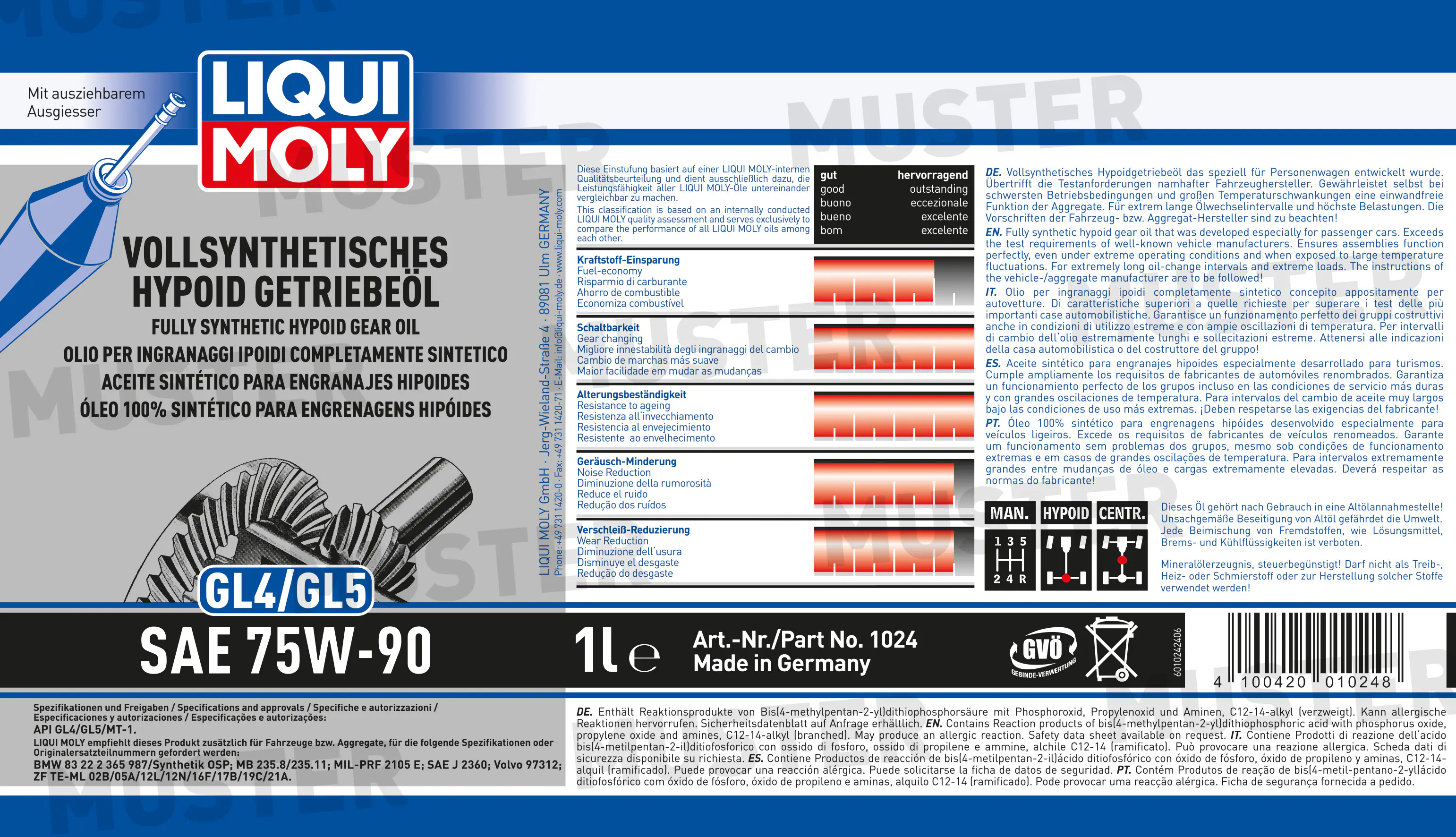 Liqui Molly Vollsynthetisches Hypoid Getriebeöl (GL4/5) 75W-90 1 L