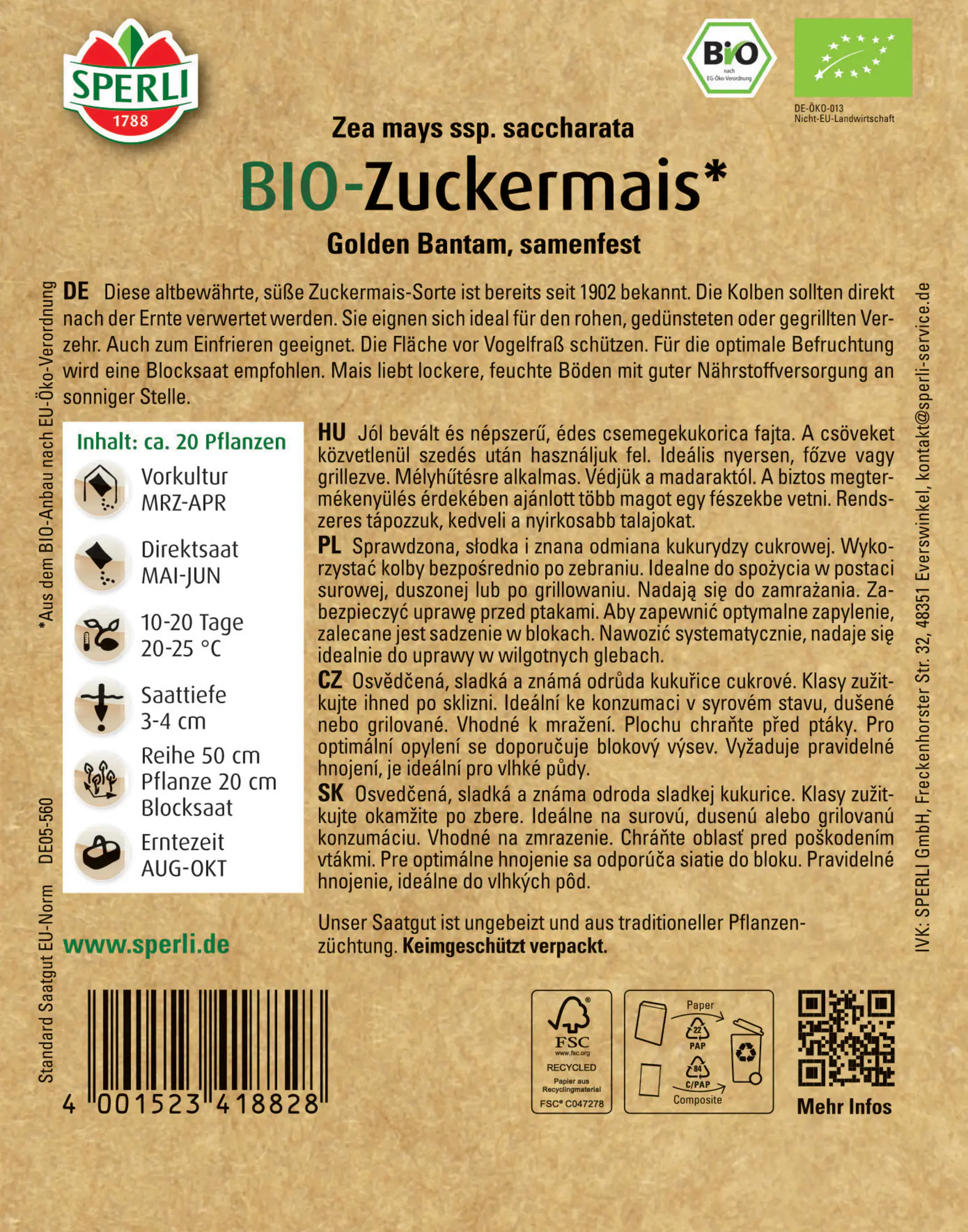 Sperli BIO Zuckermais