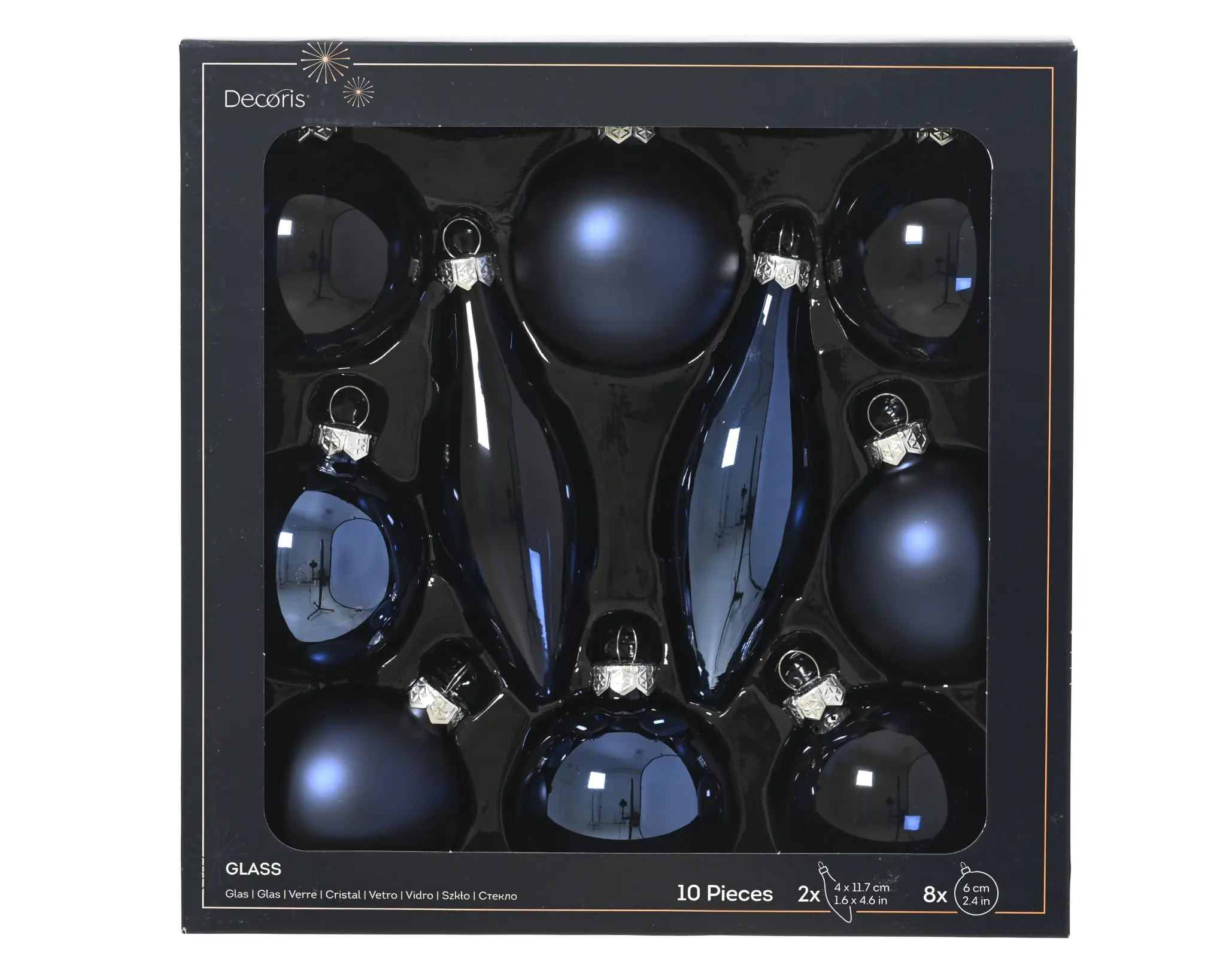 Decoris Weihnachtskugeln mit Tropfen-Ornamente aus Glas Ø 6 cm nachtblau 10 Stück