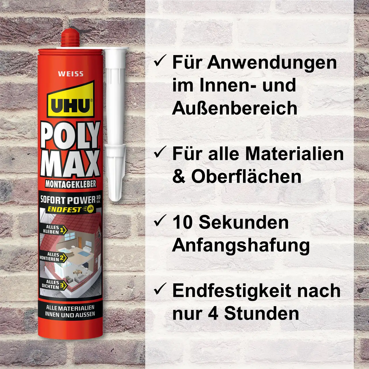 4026700472301_2 UHU Poly Max Montagkleber Sofort Power 425g 10 Sekunden, weiß, Kartusche, 425g