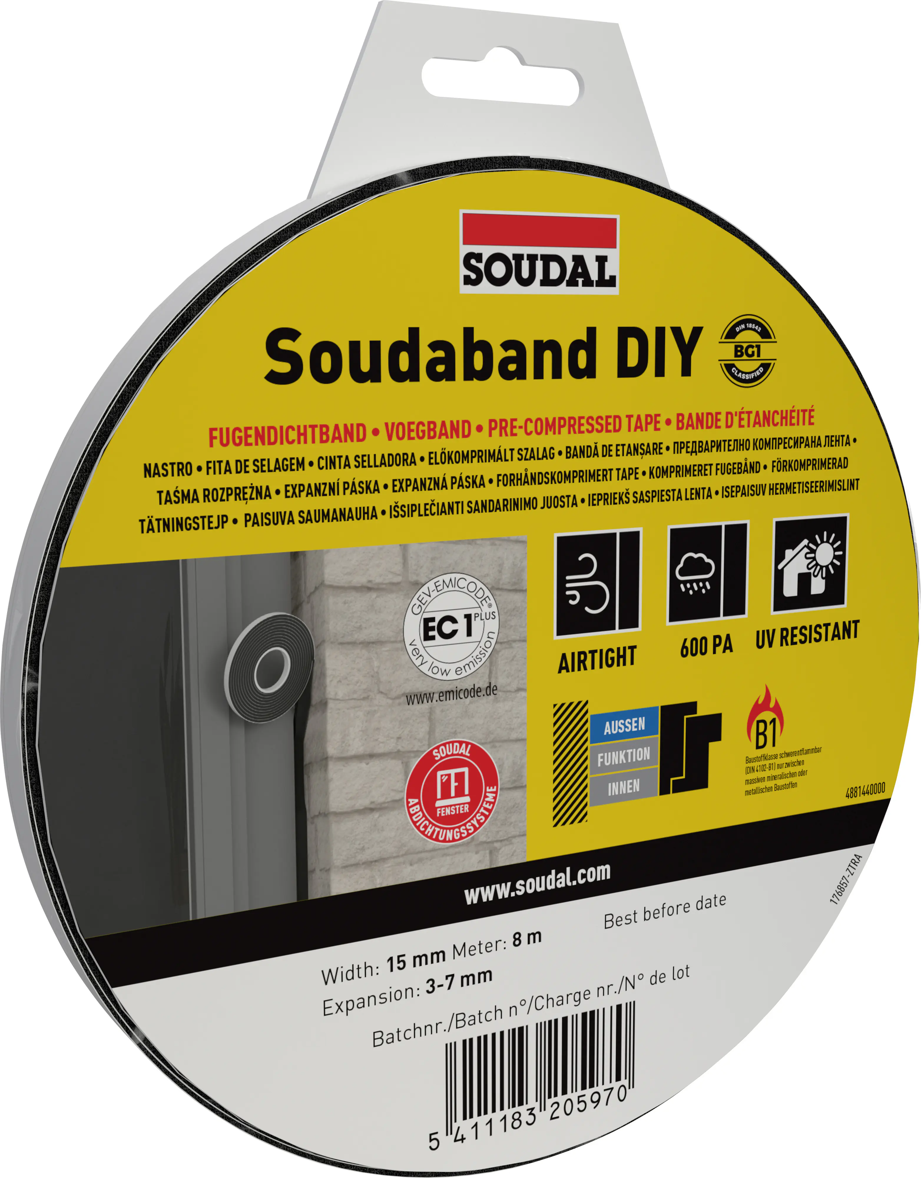 Soudal Fugendichtband Soudaband DIY BG1 15/3-7 8 m x 1,5 cm grau selbstklebend