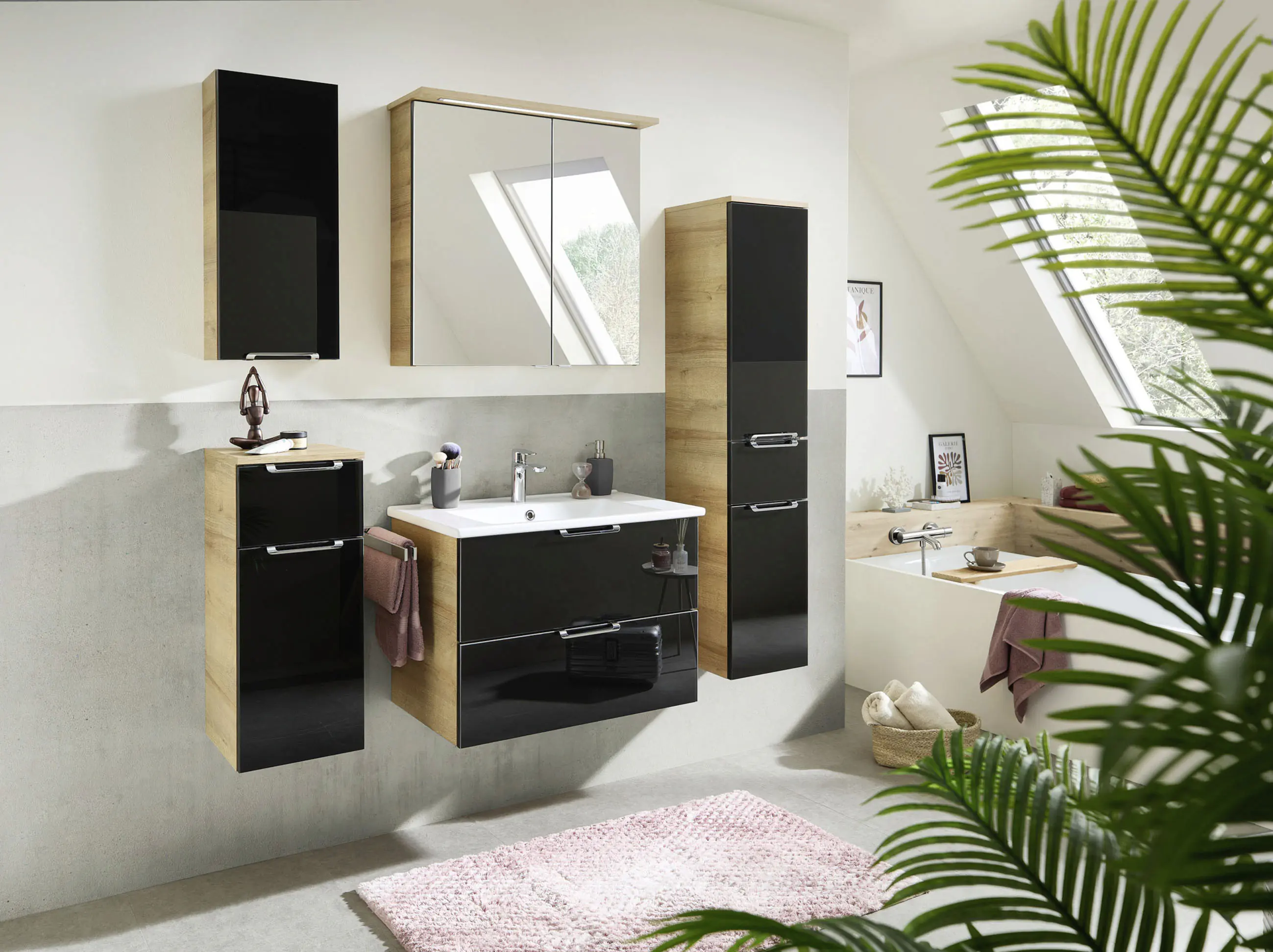 Pelipal Badschrank Münster Riviera Eiche Dekor schwarz 30 x 70 cm