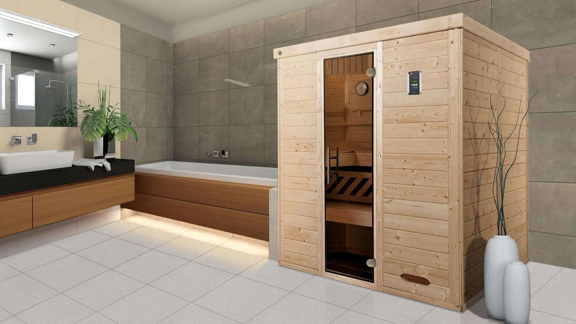 Weka Premium Massivholz-Elementsauna Kemi Eck Gr. 3 Sparset 7,5 kW BioS