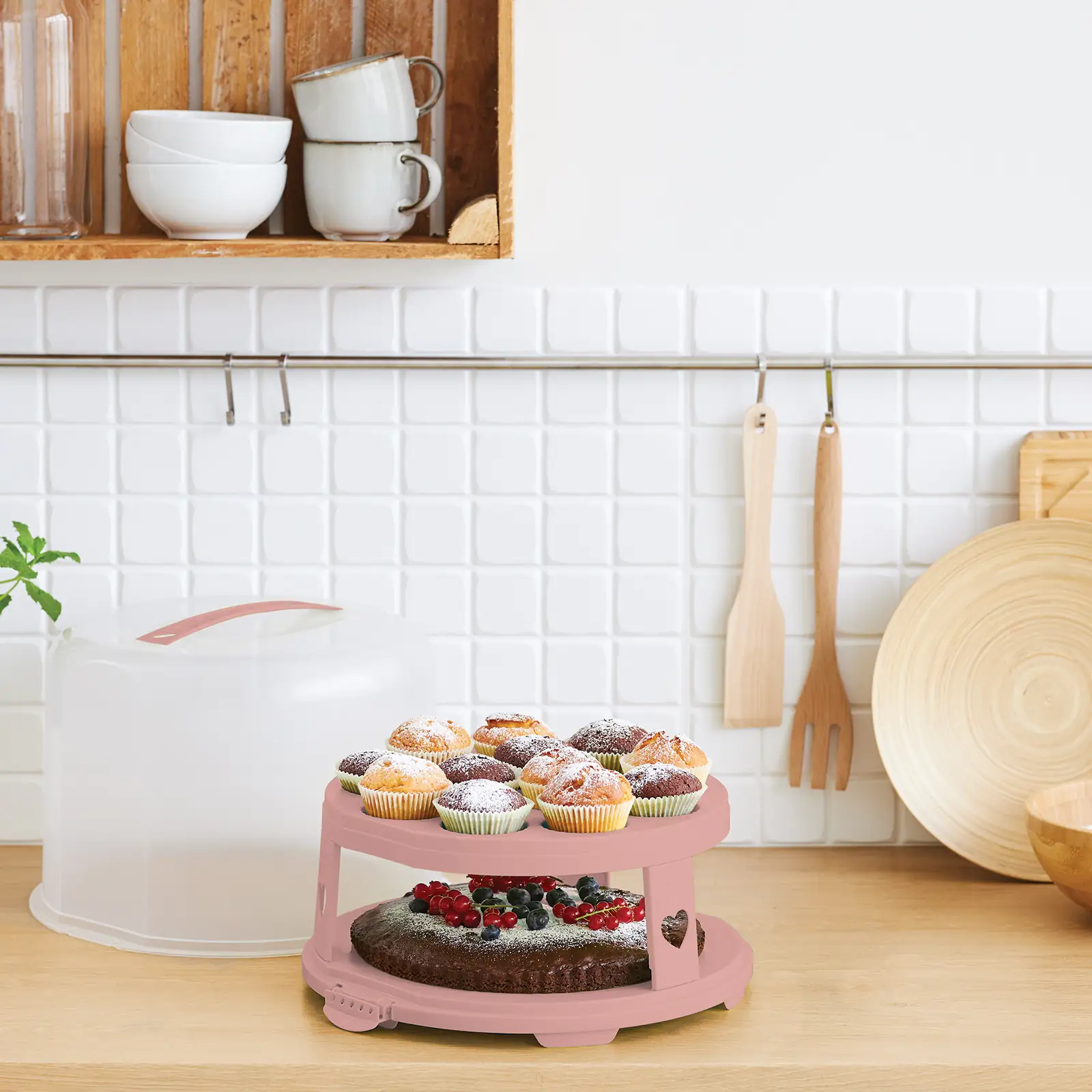 Rotho Tortenglocke Fresh XL mit Trays 26 cm inkl. zwei Einsätzen pink