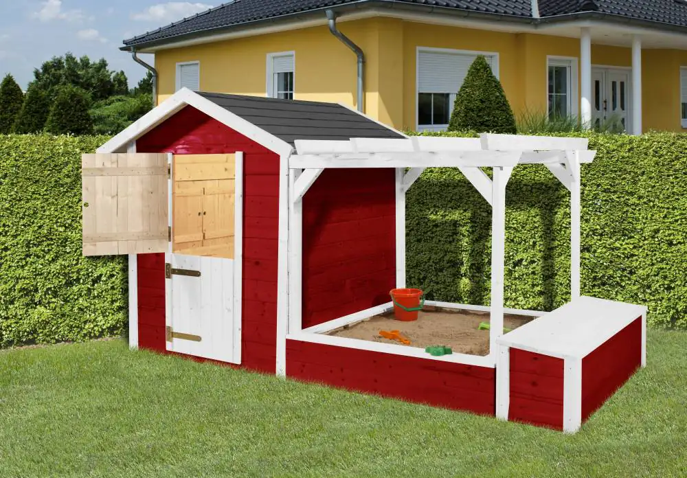 Weka Spielhaus 818 275 x 122 cm rot-weiß mit Sandkasten, Pergola, Truhe Weka Spielhaus 818 275 x 122 cm rot-weiß mit Sandkasten, Pergola, Truhe