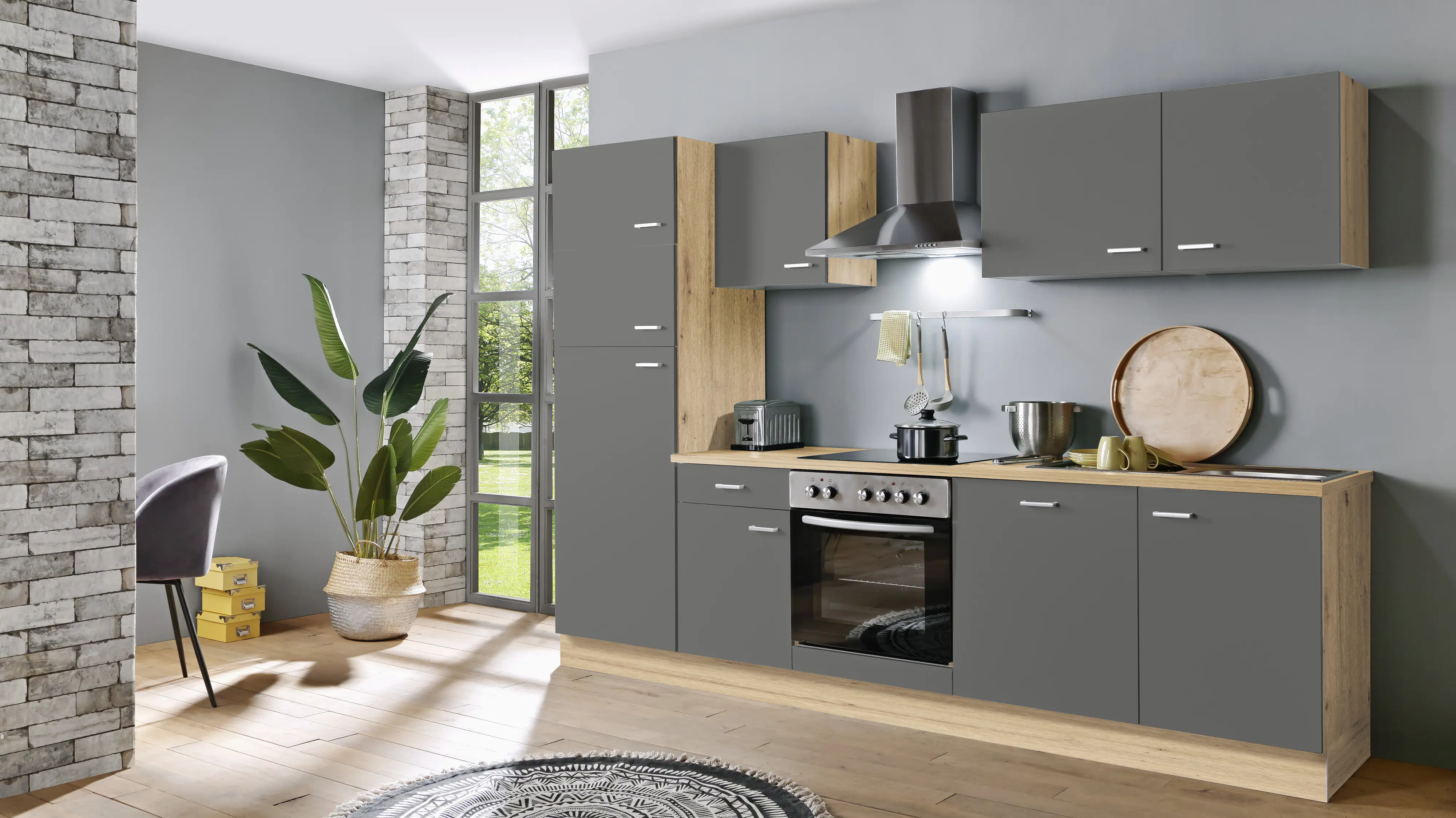 Menke Küchenzeile Artisan Classic inkl. E-Geräte 280 cm graphit eiche