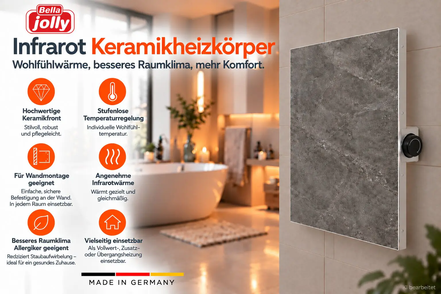 Bella Jolly Infrarot Keramikheizkörper 60 x 60 cm 440 Watt natursteinoptik