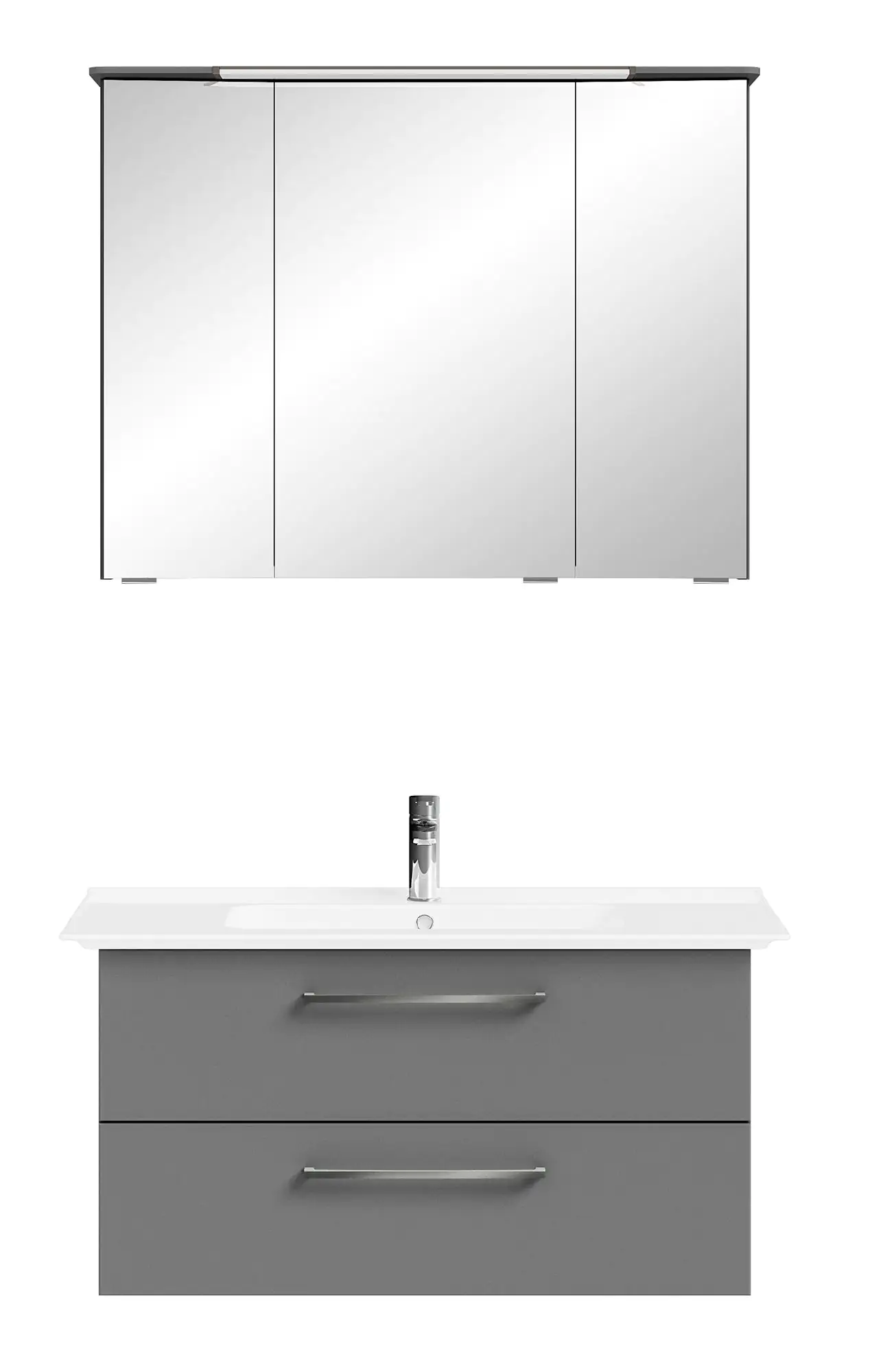 Pelipal Badmöbel-Set Quarzgrau Matt mit Keramik-Waschtisch + 3D-Spiegelschrank 100 cm