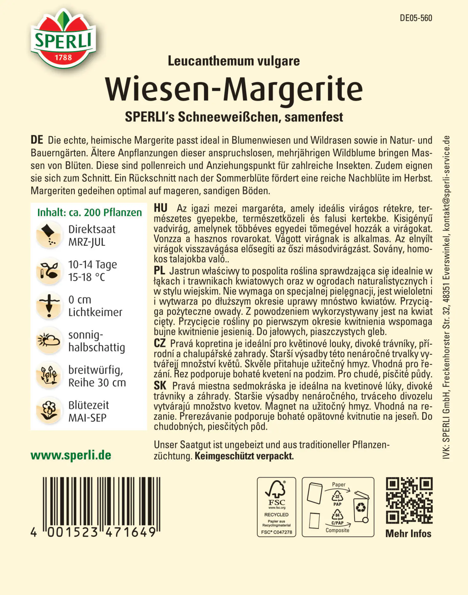 Sperli Blumensamen Wiesen-Margerite Schneeweißchen für ca. 200 Pflanzen