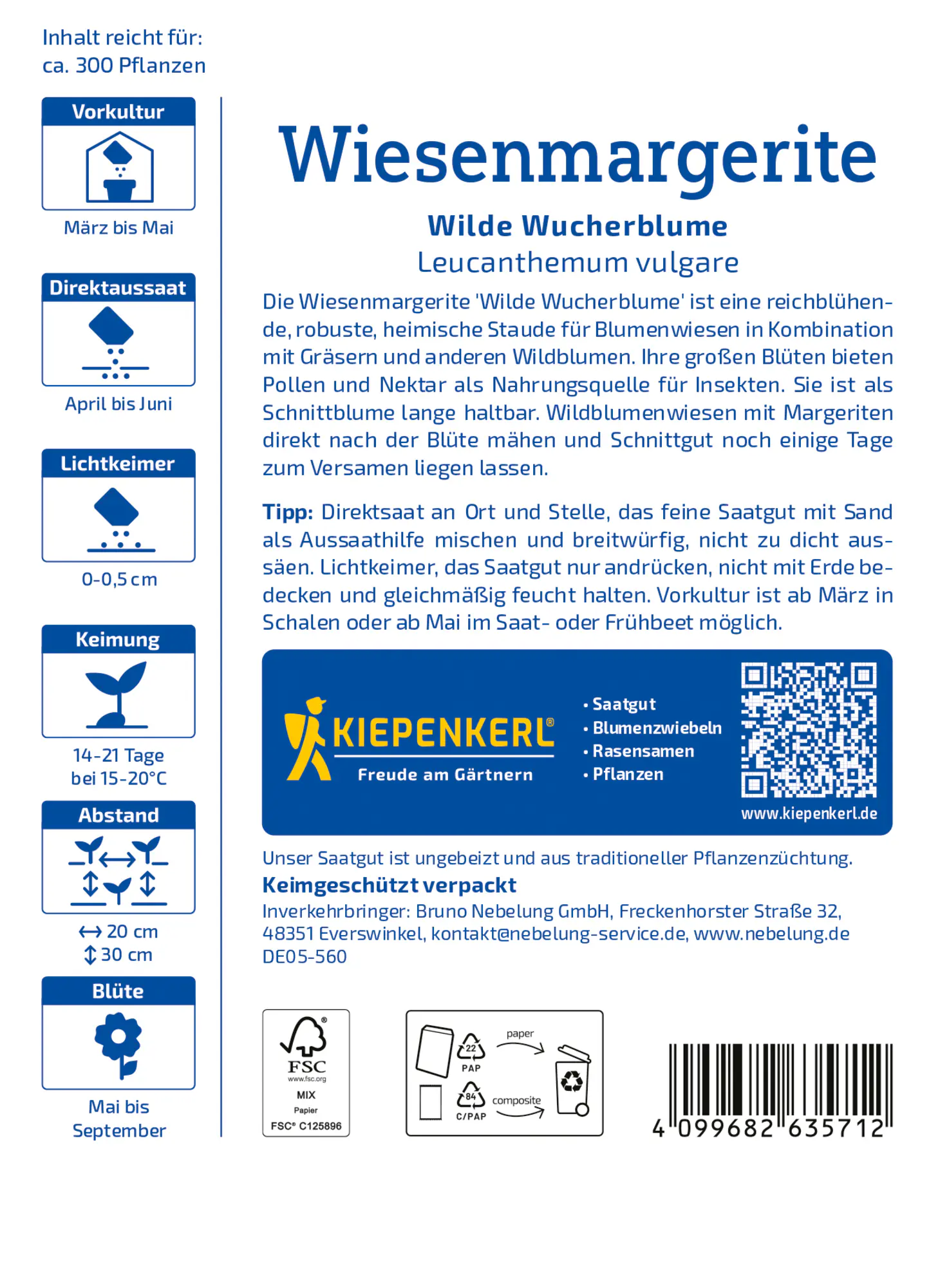 Kiepenkerl Blumensamen Wiesenmargeriten Wilde Wucherblume für ca. 300 Pflanzen