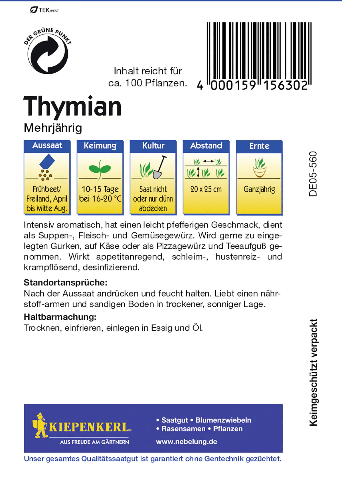 Kiepenkerl Thymian Thymian mehrjährig Thymus vulgaris, Inhalt: ca. 100 Pflanzen