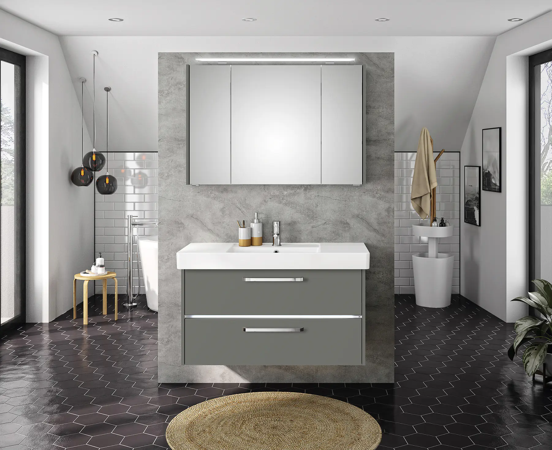 Primaster Badmöbel-Set Berlin grau 105 cm LED-Leuchten, Keramikwaschtisch