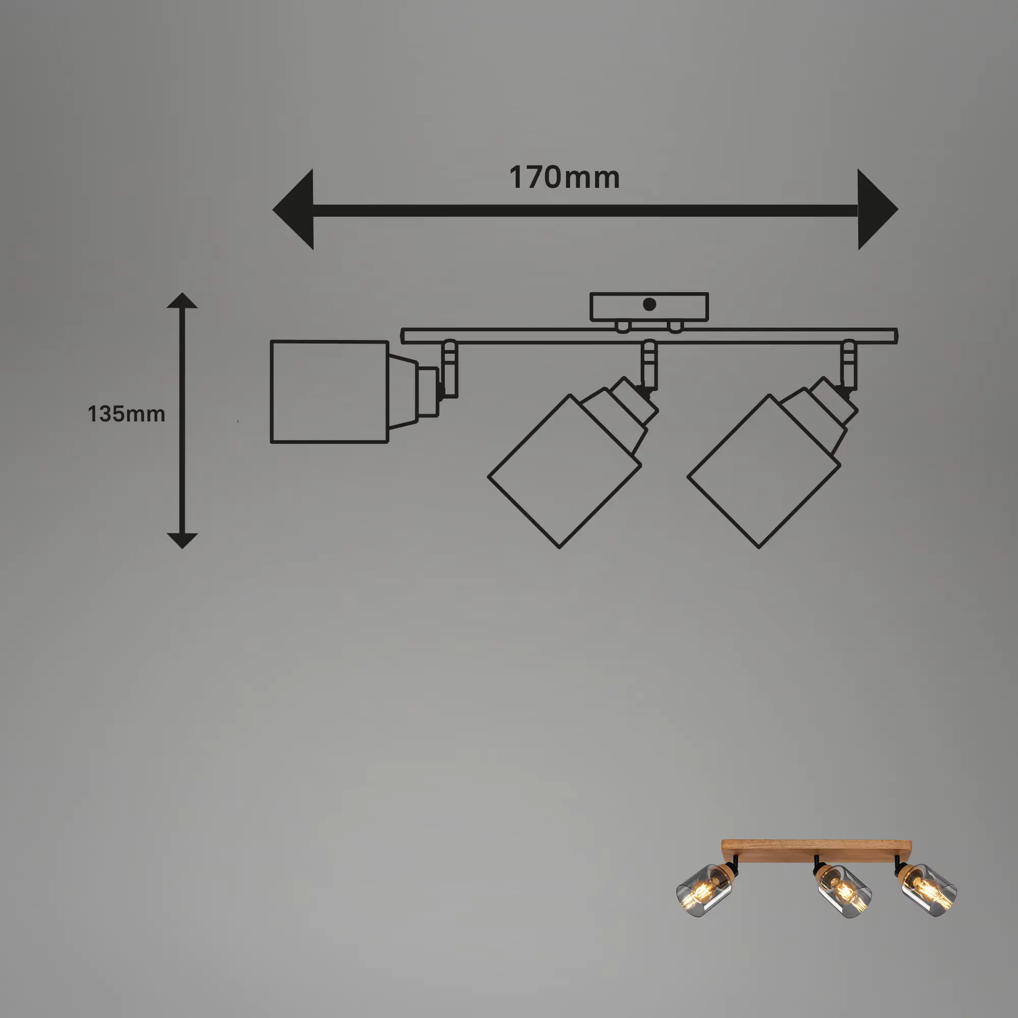 Briloner Spotleuchte mit Holz, Rauchglas 3xE27