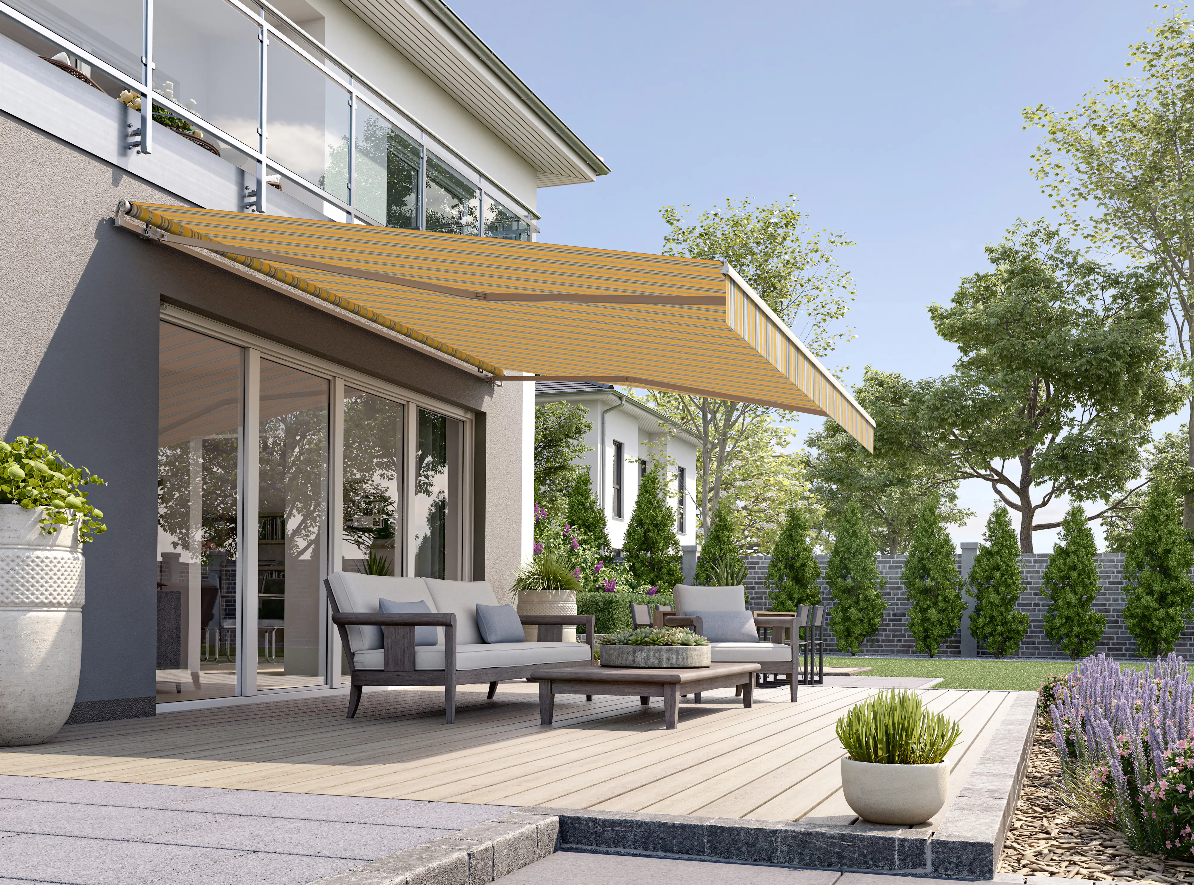 Gelenkarmmarkise Classic gelb-grau gestreift inkl. Handkurbel Gelenkarmmarkise Classic gelb-grau gestreift inkl. Handkurbel