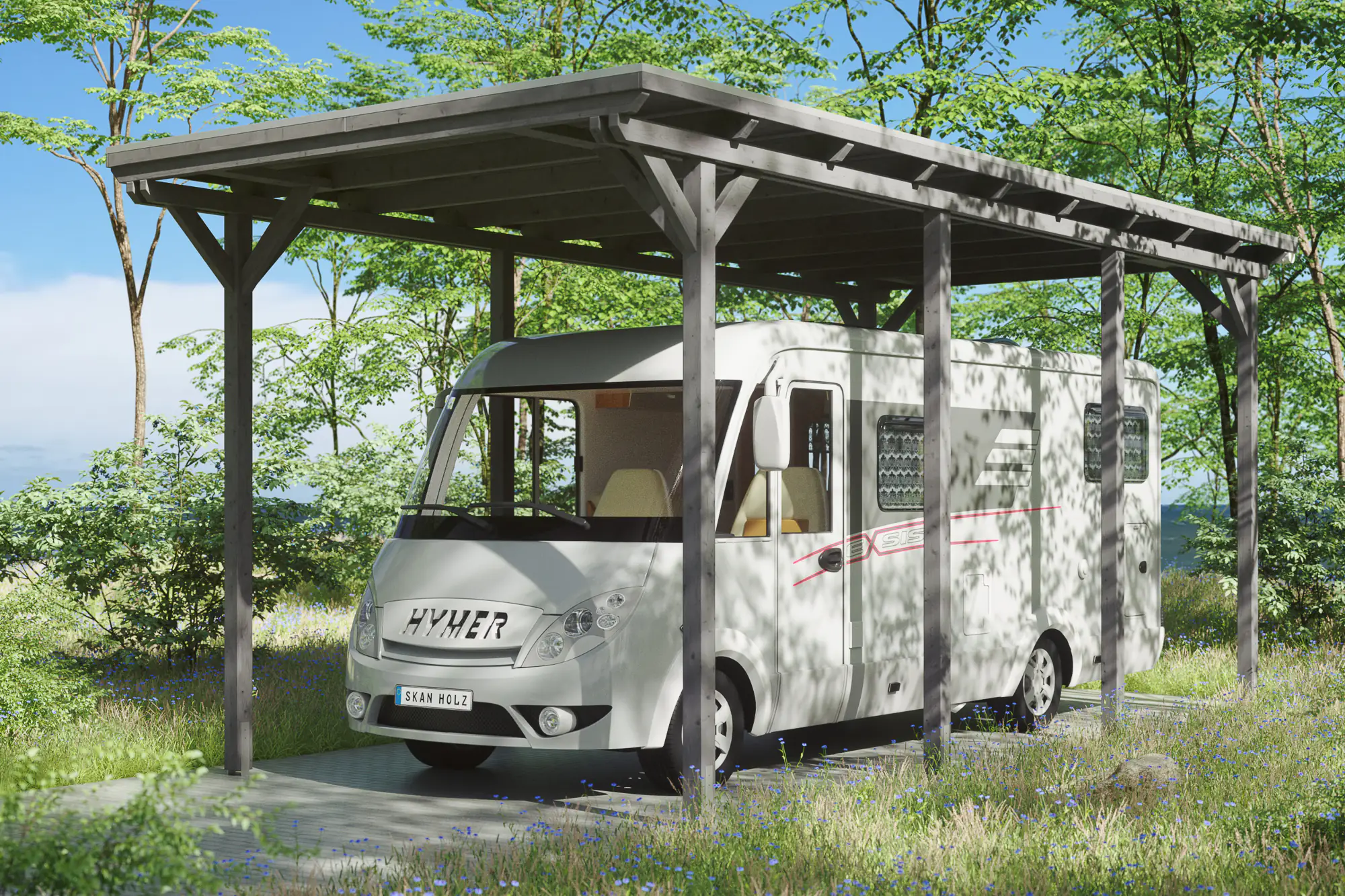 4018211034499 SKAN HOLZ Carport Emsland Caravan 404 x 846 cm, lasiert in Schiefergrau