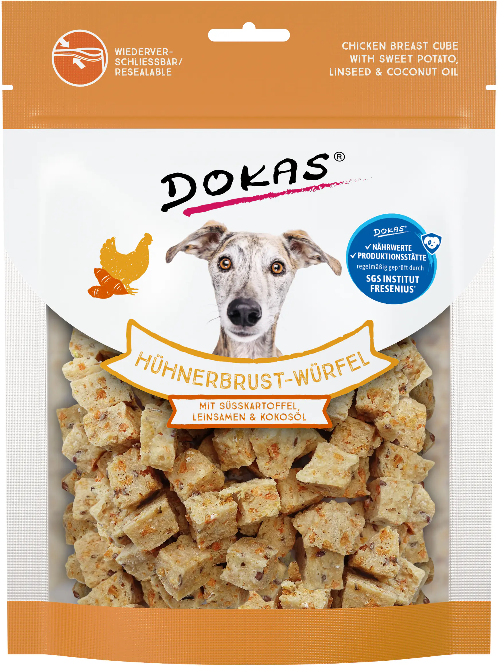 Dokas Hühnerbrust-Würfel mit Süsskartoffel 150 g, Leinsamen & Kokosöl