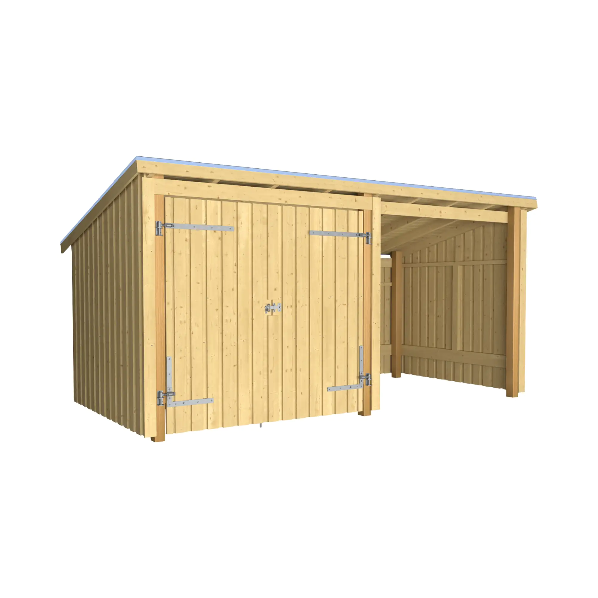 Plus Gartenhaus Nordic Multi 416 x 208 cm natur mit Doppeltür, offen, Dachpappe