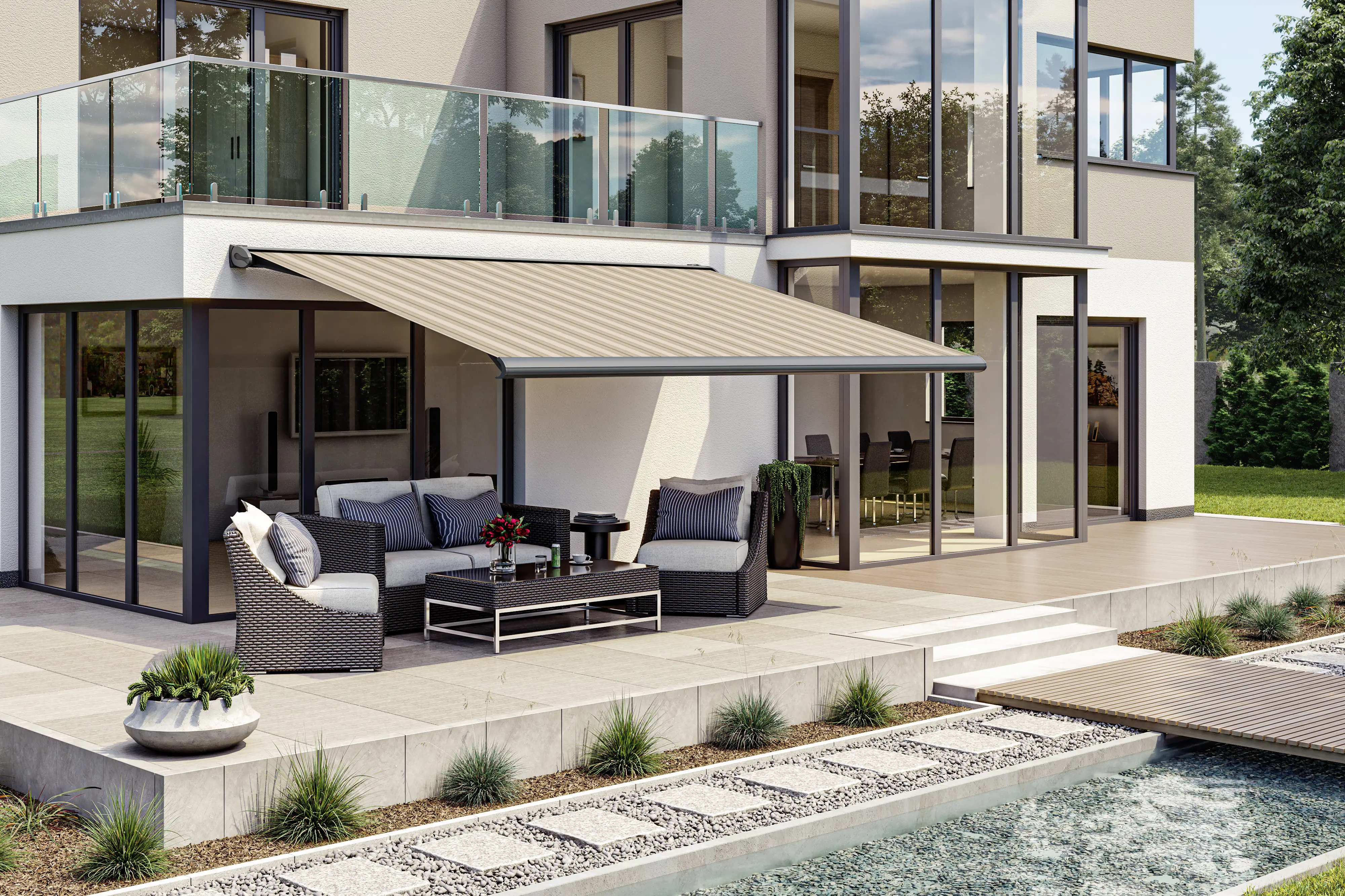 Kassettenmarkise S-Compact beige-braun gestreift inkl. Motor, Aufputzschalter Kassettenmarkise S-Compact beige-braun gestreift inkl. Motor, Aufputzschalter