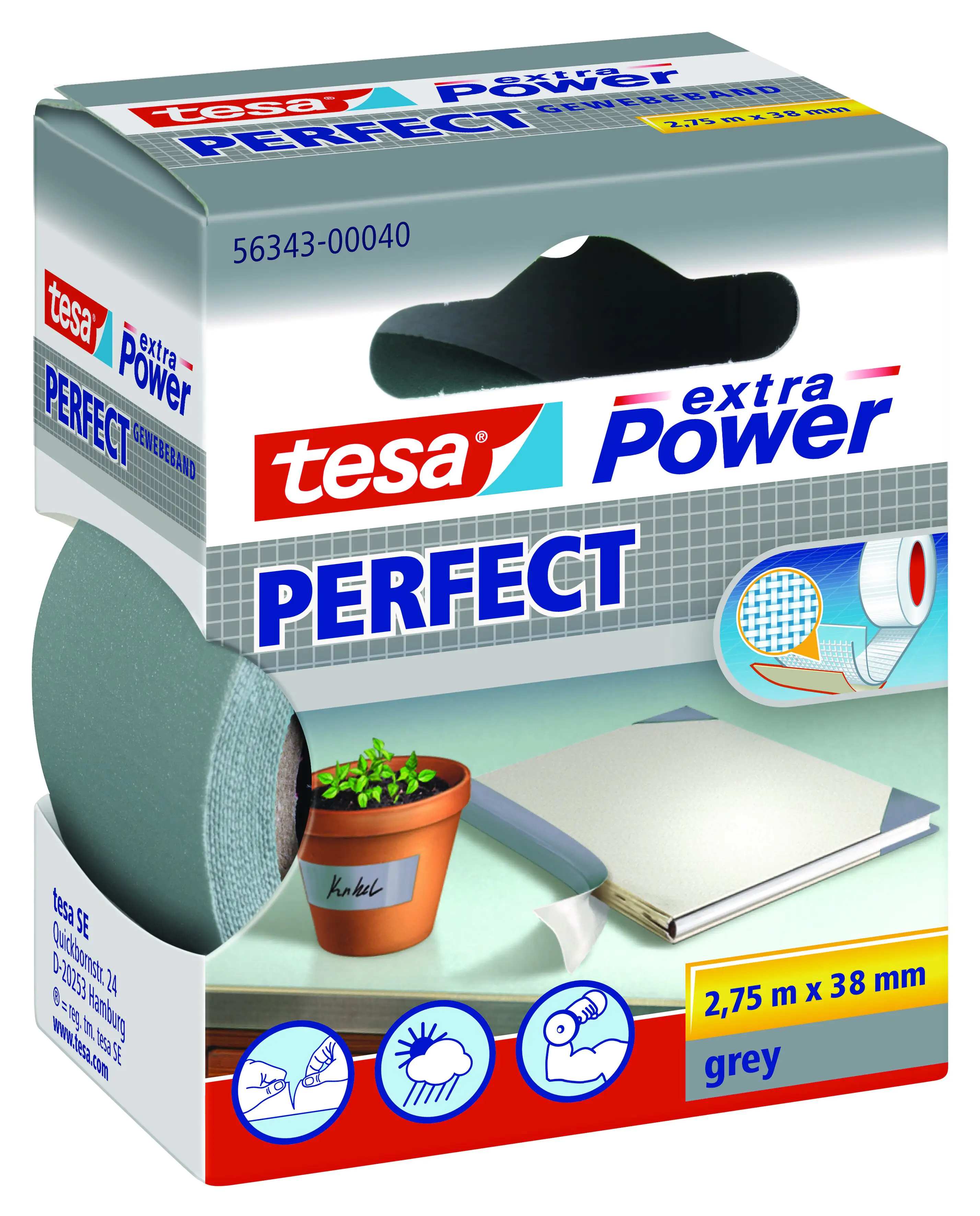tesa extra Power Gewebeband Perfect 2,75 m x 38 mm, grau tesa extra Power Gewebeband Perfect 2,75 m x 38 mm, grau