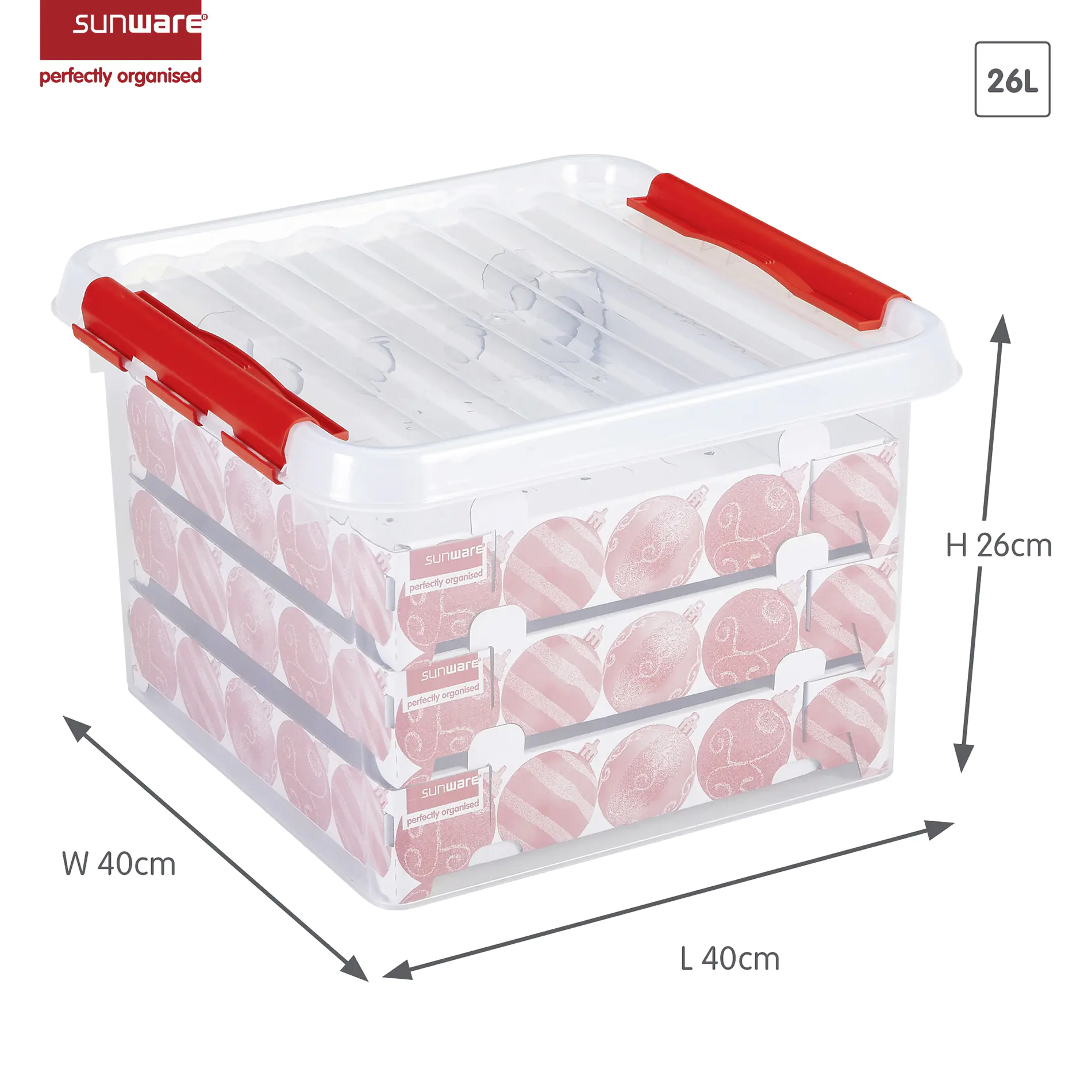 Sunware Weihnachtsbox Q-line 26L mit Einsatz für 75 Kugeln transparent rot Sunware Weihnachtsbox Q-line 26L mit Einsatz für 75 Kugeln transparent rot