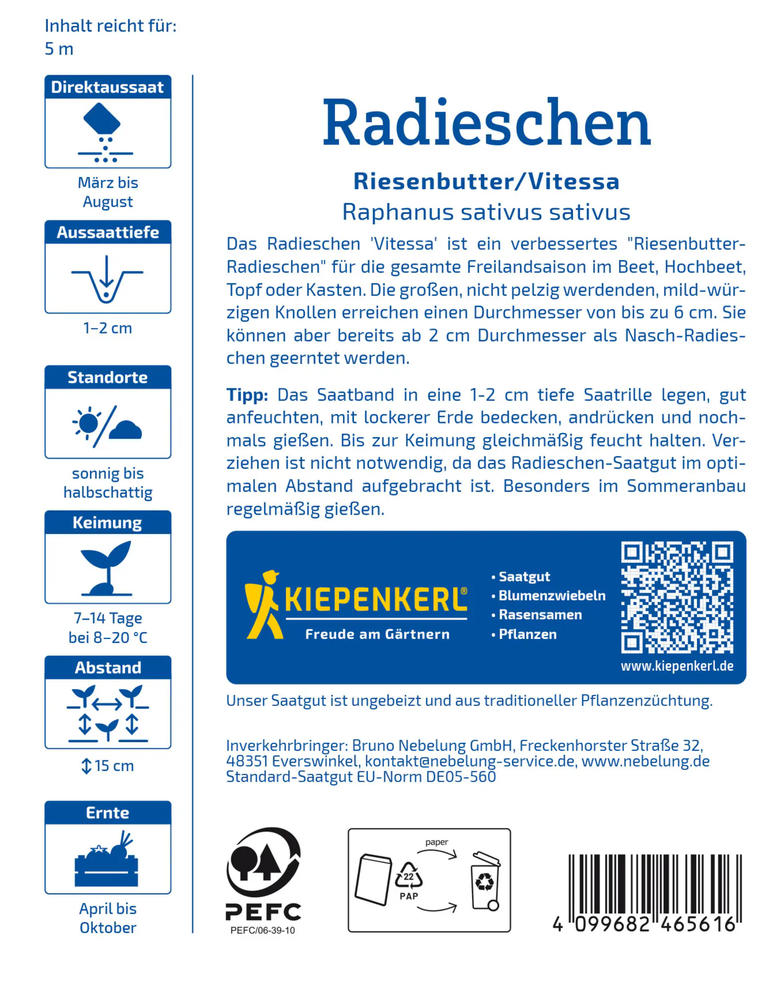 Kiepenkerl Saatgut Radieschen Riesenbutter/Vitessa für bis zu 5 lfd. Meter