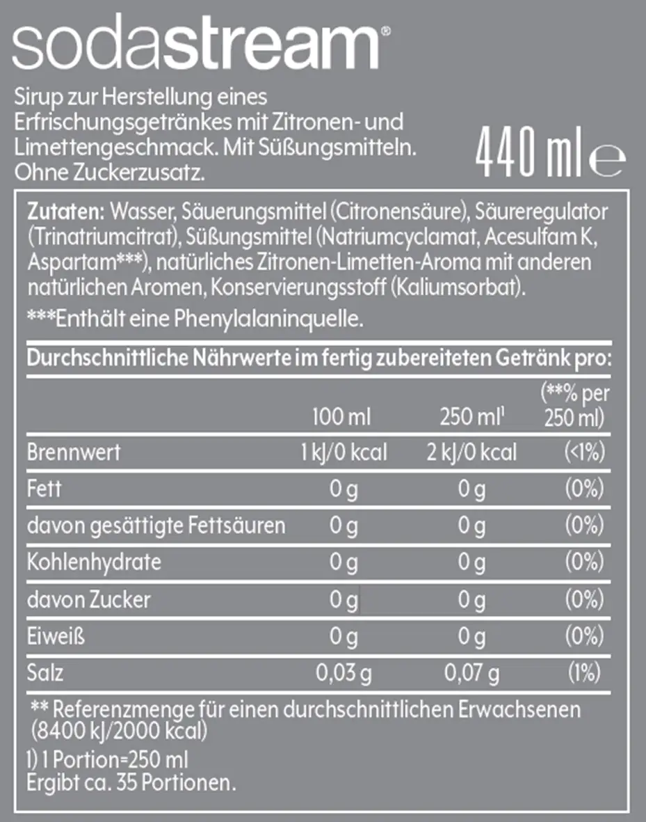 Sodastream Sirup Zitrone-Limette ohne Zucker, 440 ml