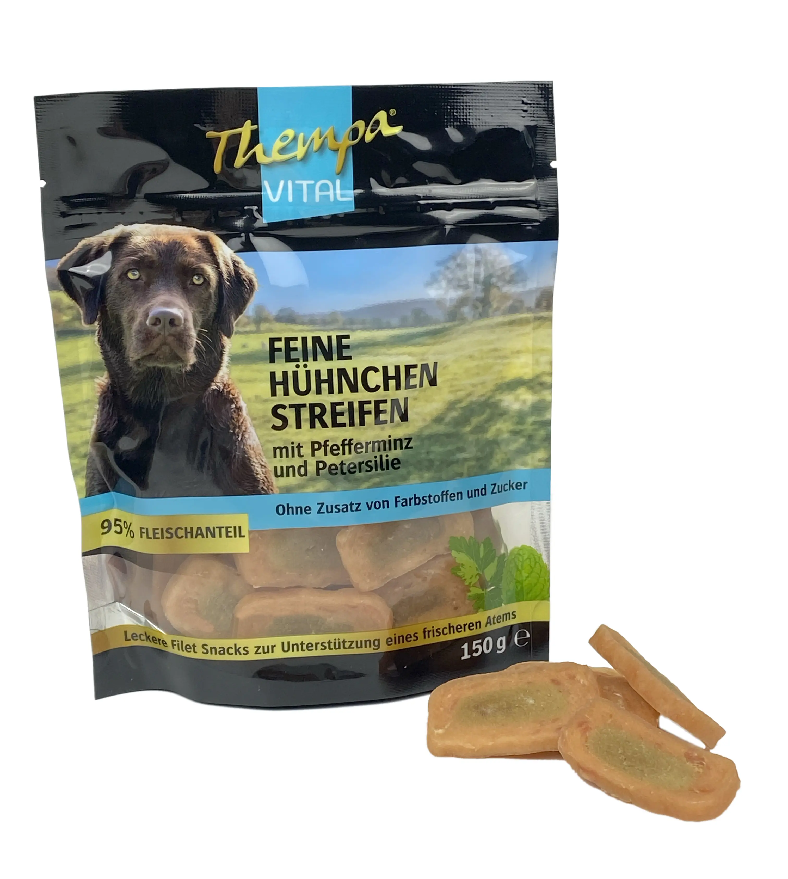 Thempa Vital Hundesnack Adult Hühnchenstreifen mit Pfefferminze & Petersilie 150 g Thempa Vital Hundesnack Adult Hühnchenstreifen mit Pfefferminze & Petersilie 150 g