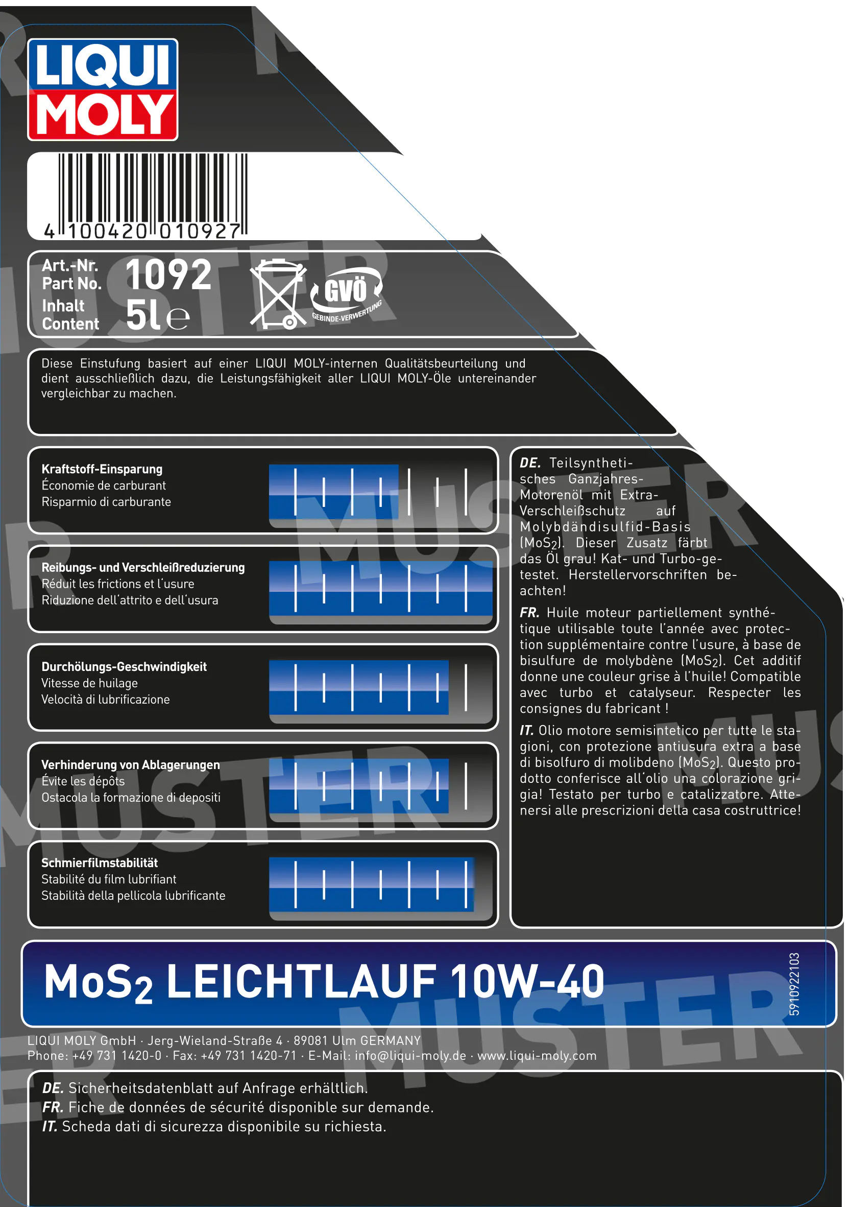 Liqui Moly Motoröl MoS2 Leichtlauf 10W-40 5 L Liqui Moly Motoröl MoS2 Leichtlauf 10W-40 5 L