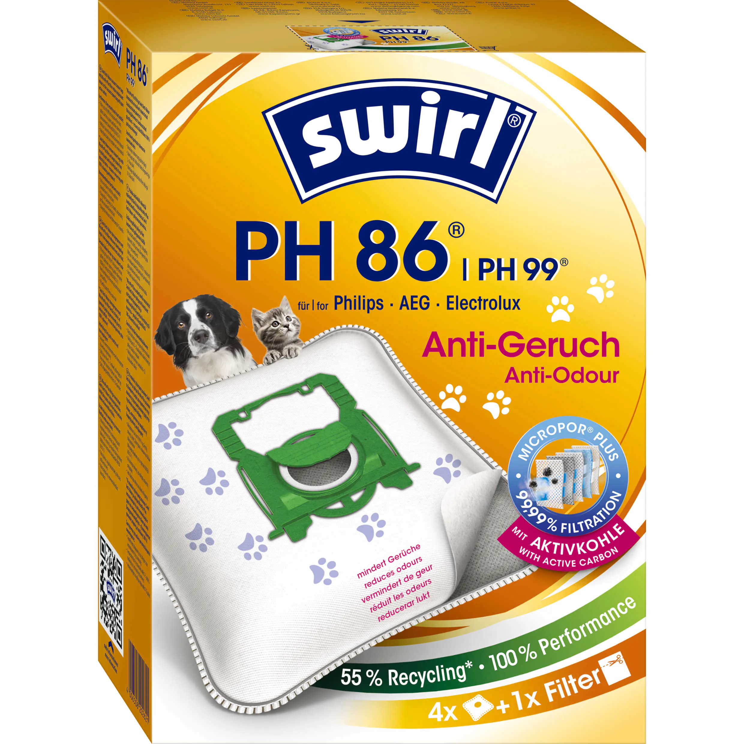 Swirl PH 86 / PH 99 EcoPor Anti-Geruch Staubsaugerbeutel 4 Staubbeutel + 1 Filter