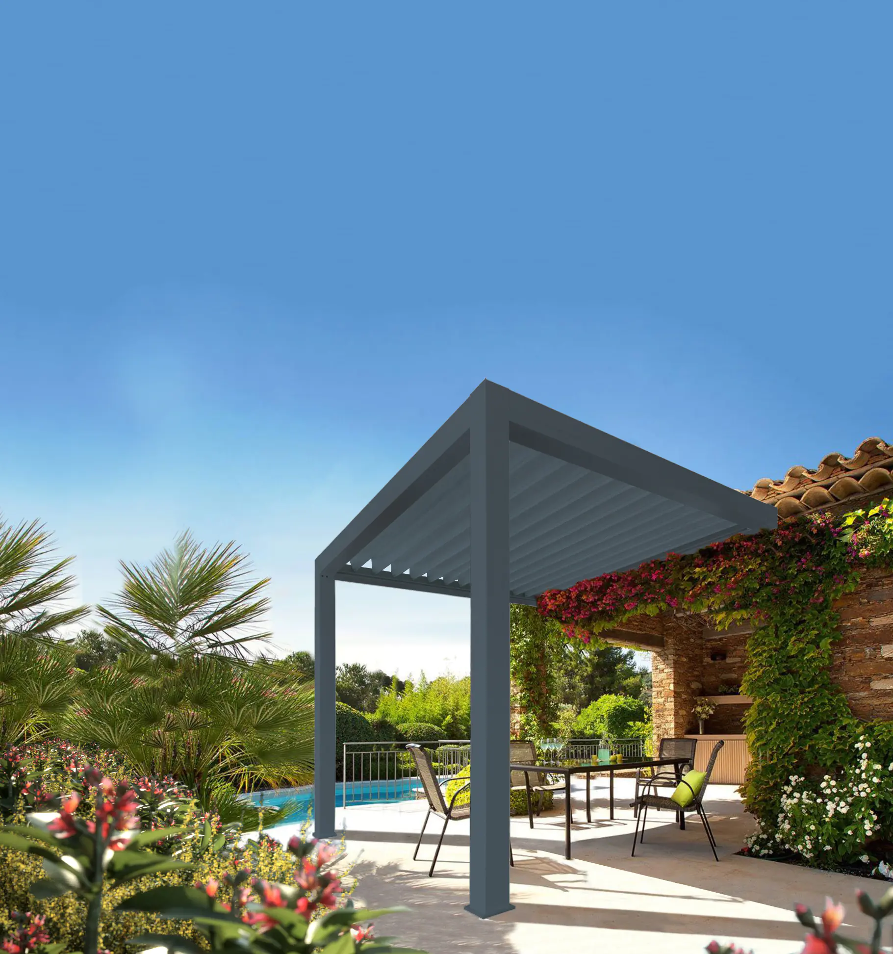 Lamellen Terrassenüberdachung 400 x 406,7 x 273 cm grau