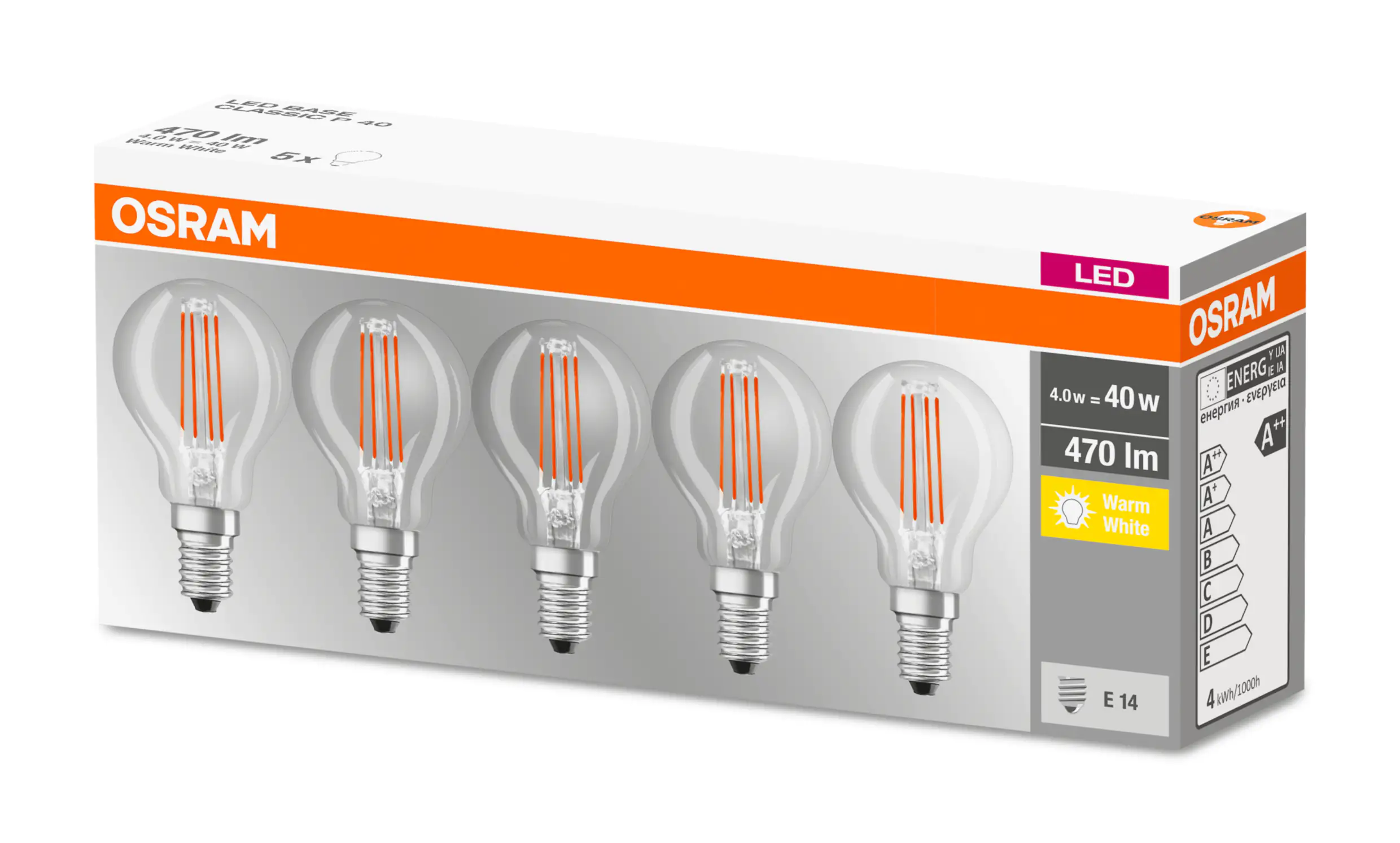 Osram LED Leuchtmittel 5er Pack Tropfenform P40, E14, 4W, warmweiß, klar