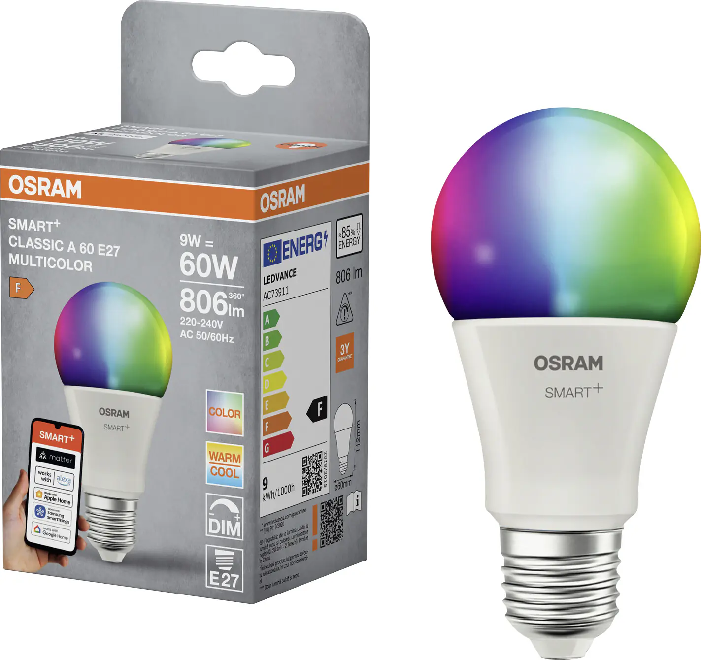 Osram SMART+ Matter Leuchtmittel E27 Classic 9W matt  RGBW 