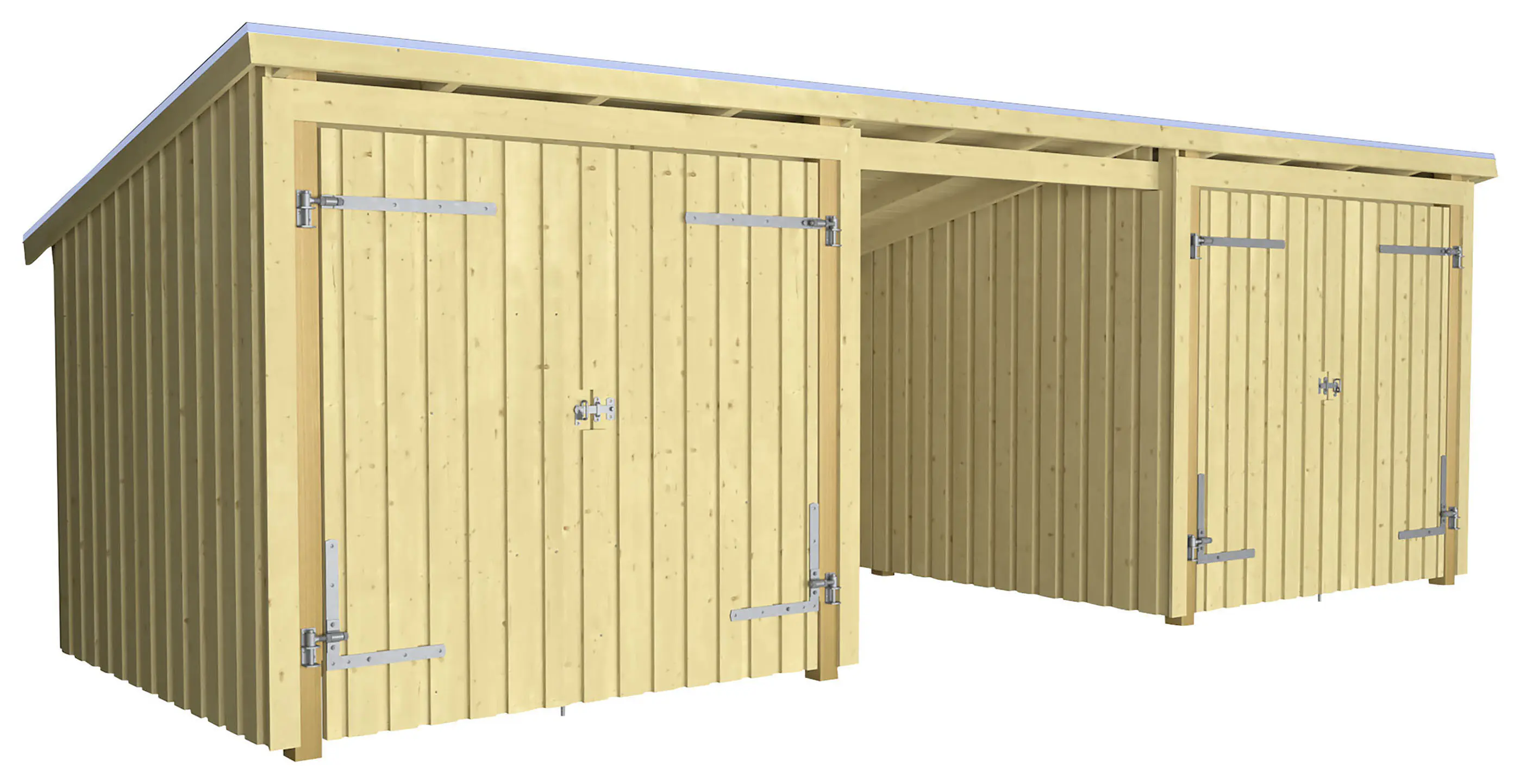 Plus Gartenhaus Nordic Multi 619 x 208 cm natur mit 2 Doppeltüren, offen, Dachpappe