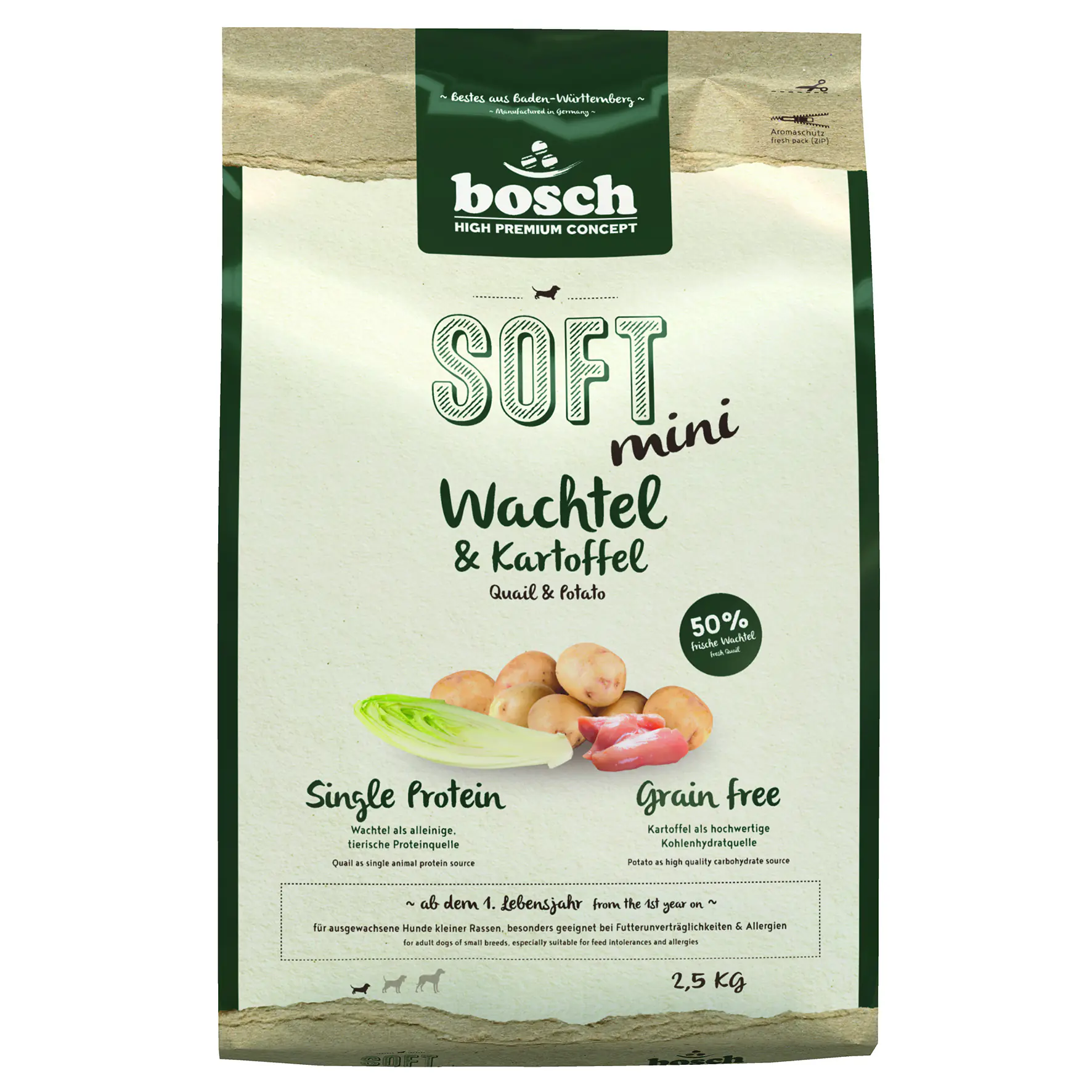 Bosch Hundetrockenfutter Adult Soft Mini 2,5 kg Wachtel & Kartoffel 