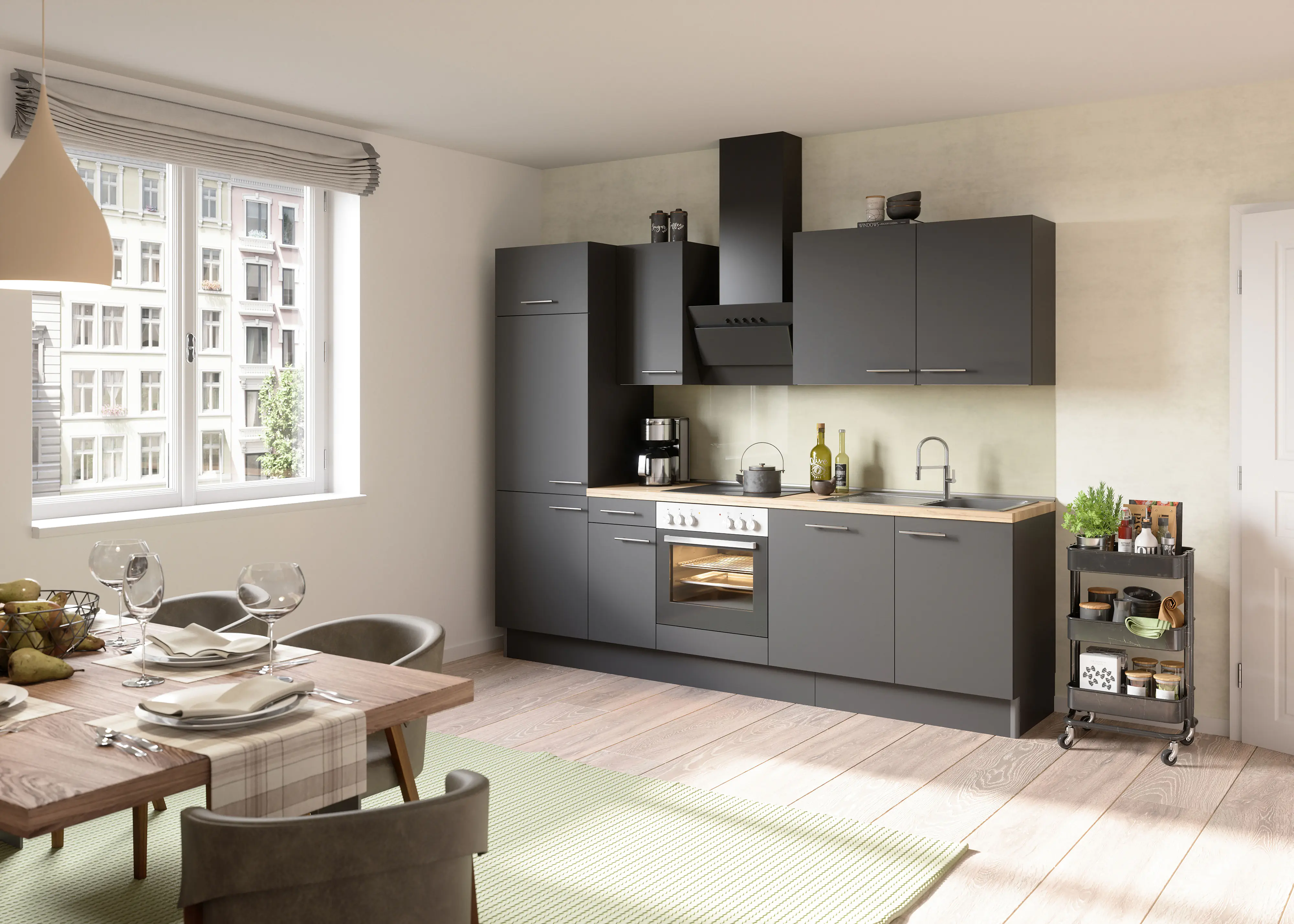 Optifit Küchenzeile Ingvar mit E-Geräte anthrazit matt 270 cm