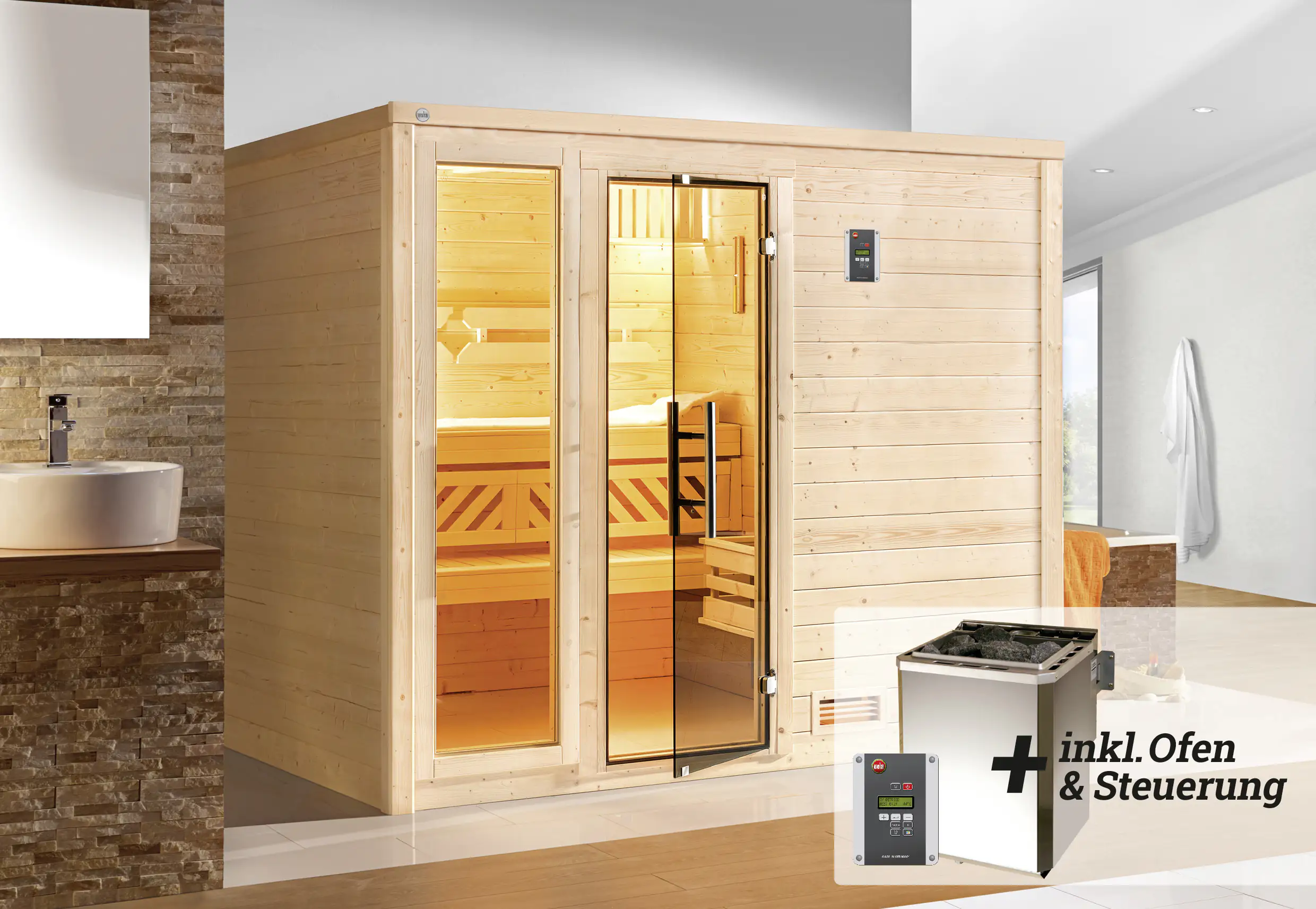Weka Premium Massivholz-Sauna Bergen Gr. 3 Sparset 7,5 kW Bio S