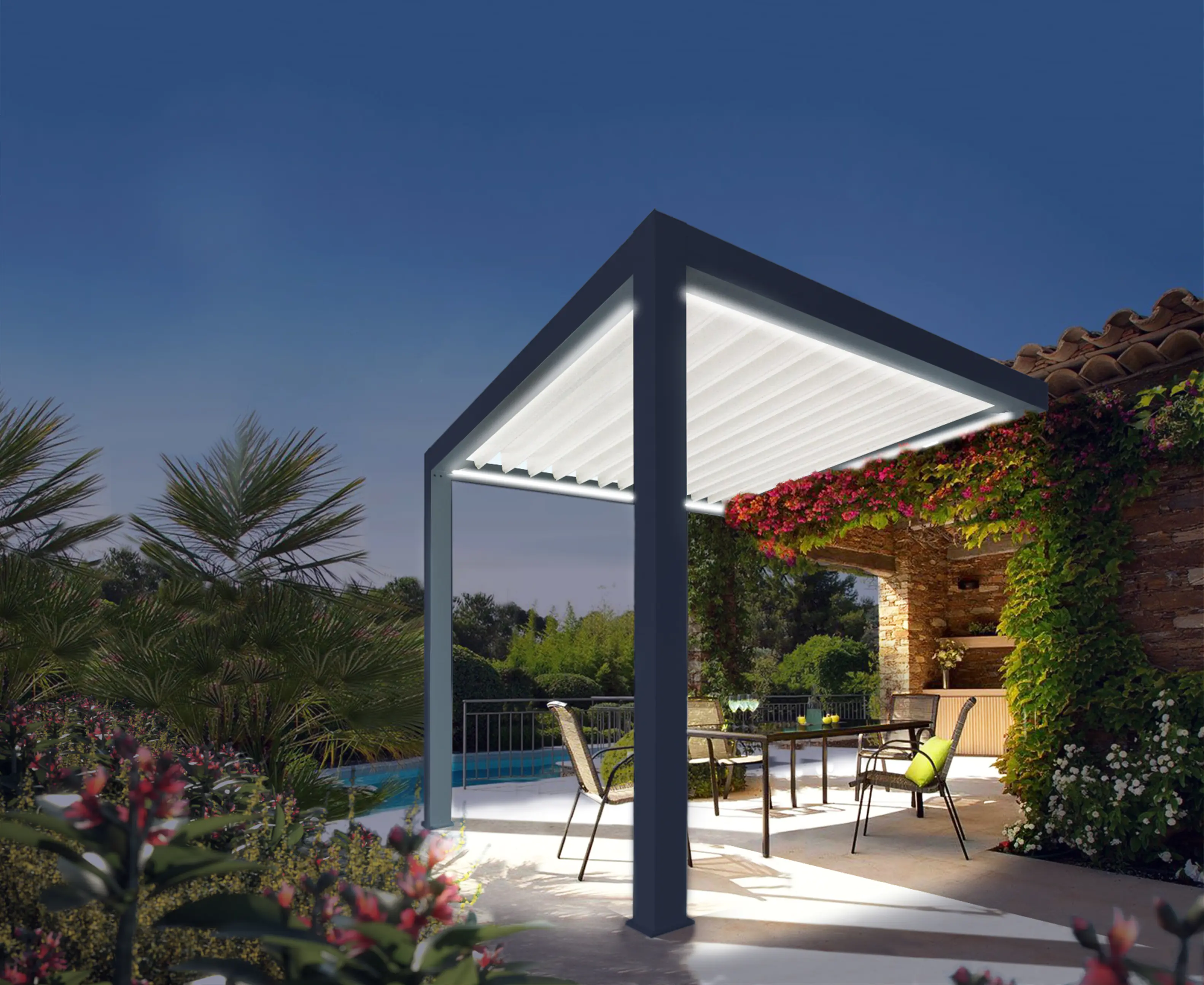 Lamellen Terrassenüberdachung 400 x 347,4 x 273 cm grau weiß