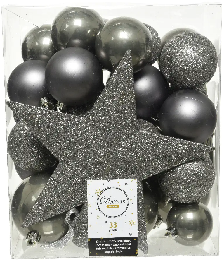 8720194930359 Kaemingk Weihnachtskugeln bruchfest, langlebig, warmgrau 33 Kugeln + Stern