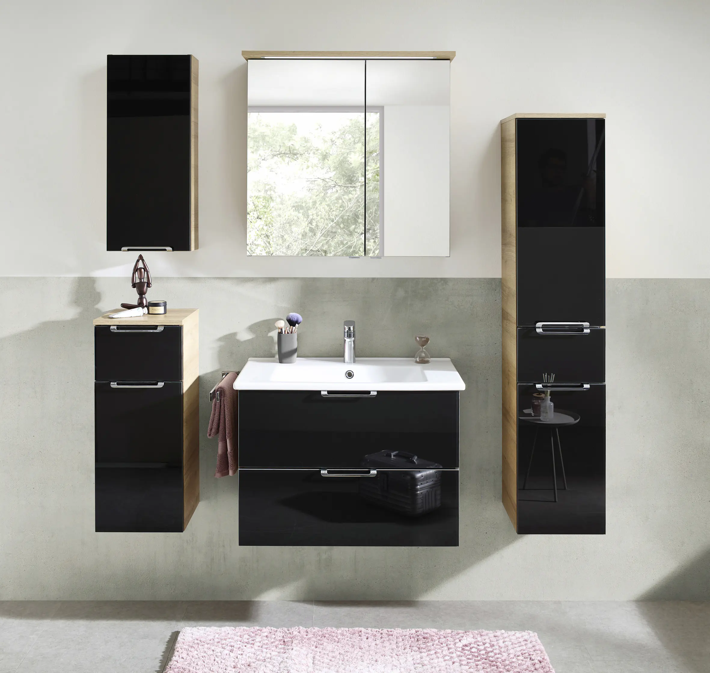 Pelipal Badschrank Münster Riviera Eiche schwarz Dekor 30 x 142 cm