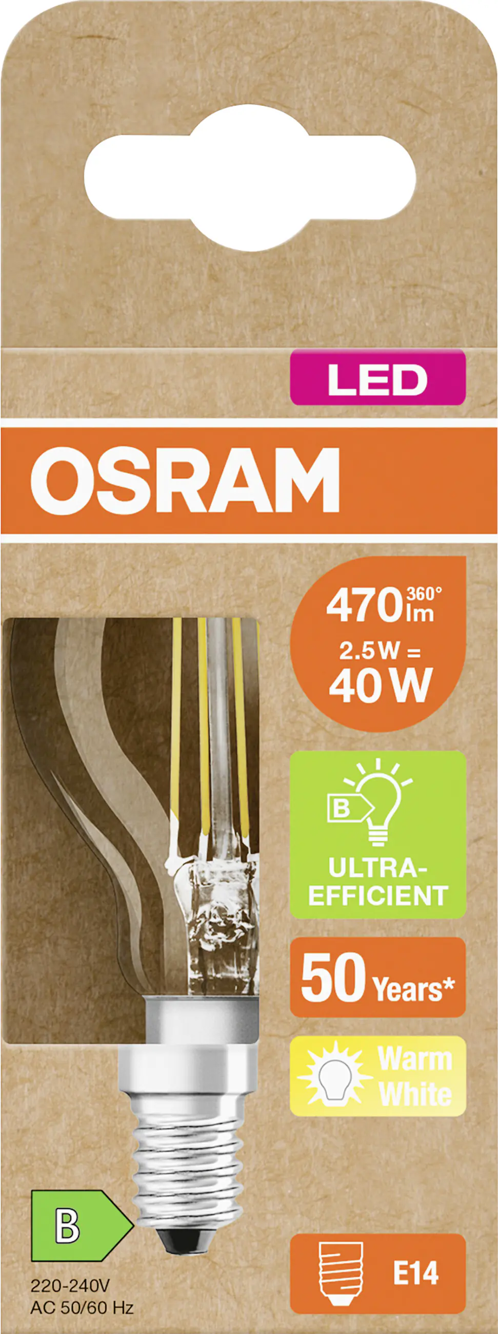 Osram LED Tropfenlampe Classic E14 2,5 W warmweiß klar