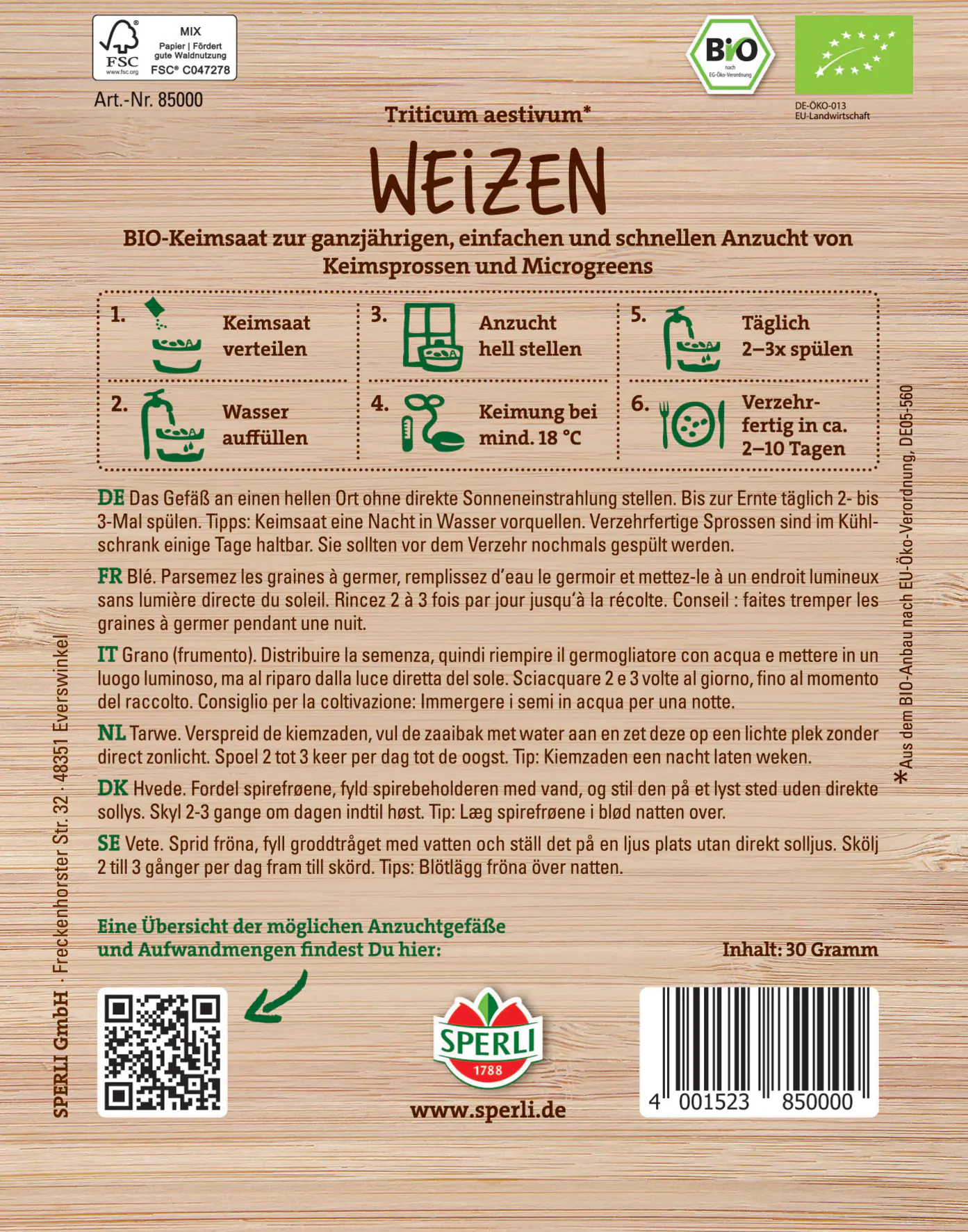 Sperli BIO Keimsprossen-Saat Weizen