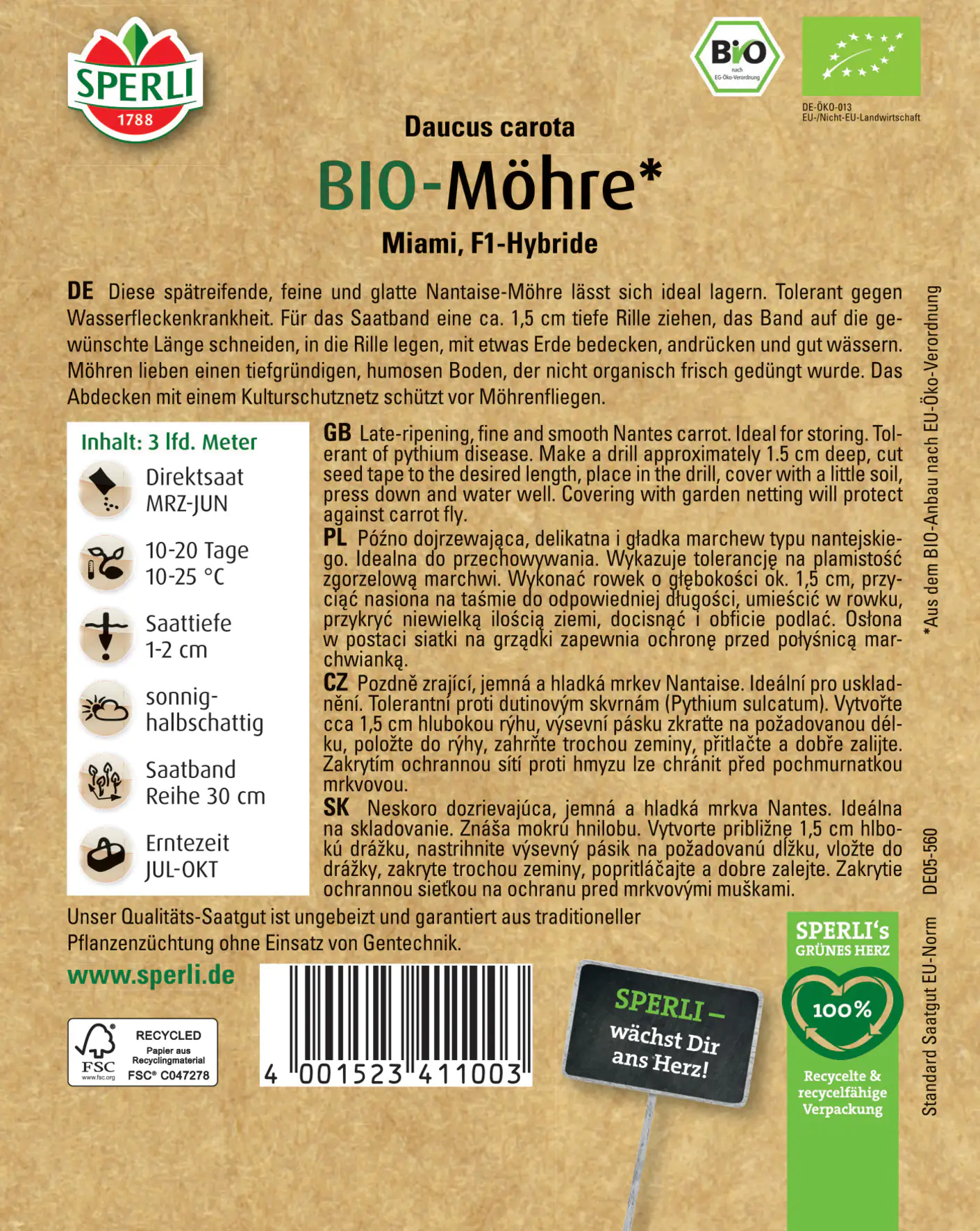 Sperli BIO Möhre F1 Saatband