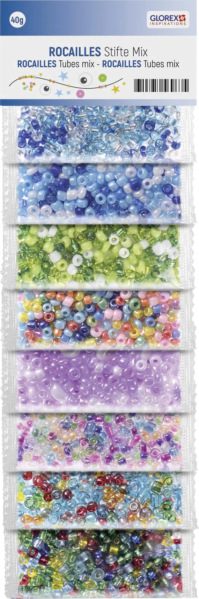 Glorex Rocailles Stifte 40 g, 8 Farben
