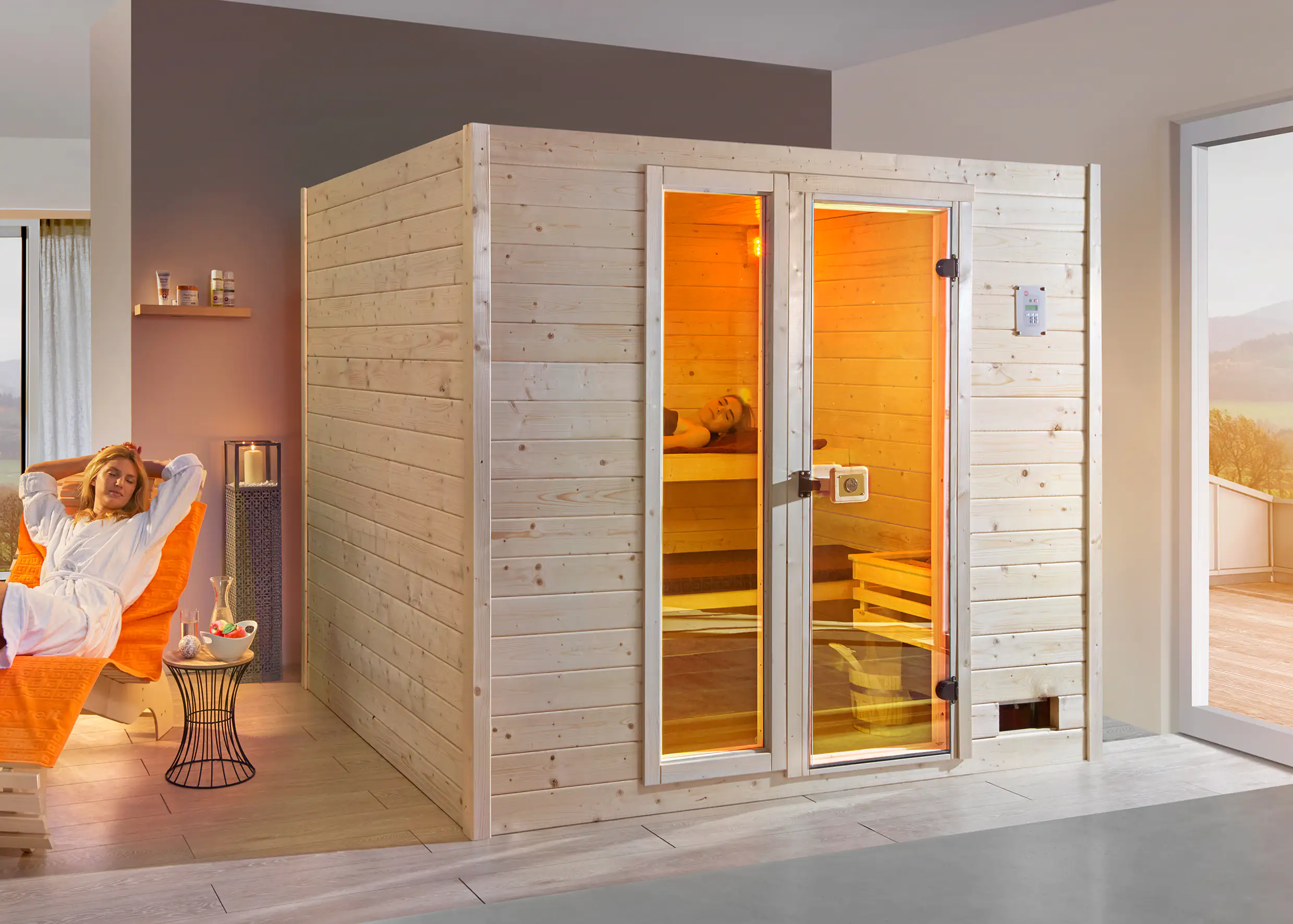 Weka Massivholzsauna Valida 4 mit Glastür und Fenster