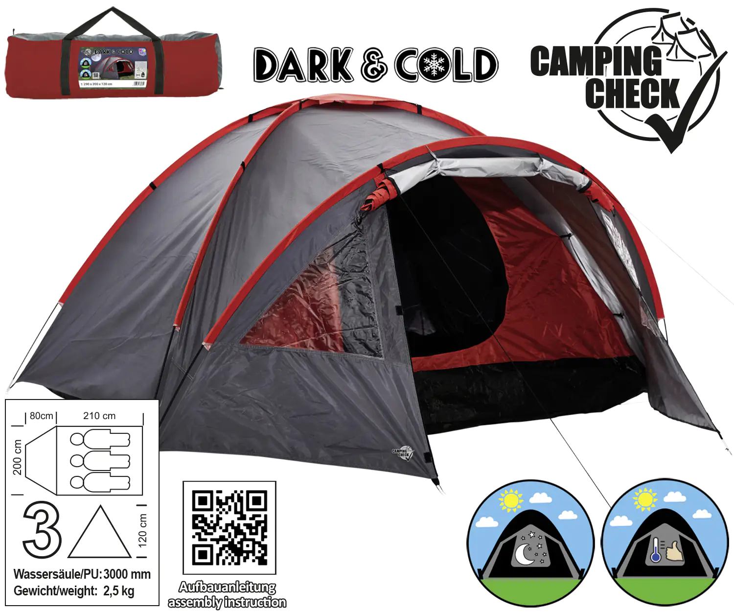 Happy People 3 Personen Doppeldachzelt 80+210 x 200 x 120 cm Happy People 3 Personen Doppeldachzelt 80+210 x 200 x 120 cm